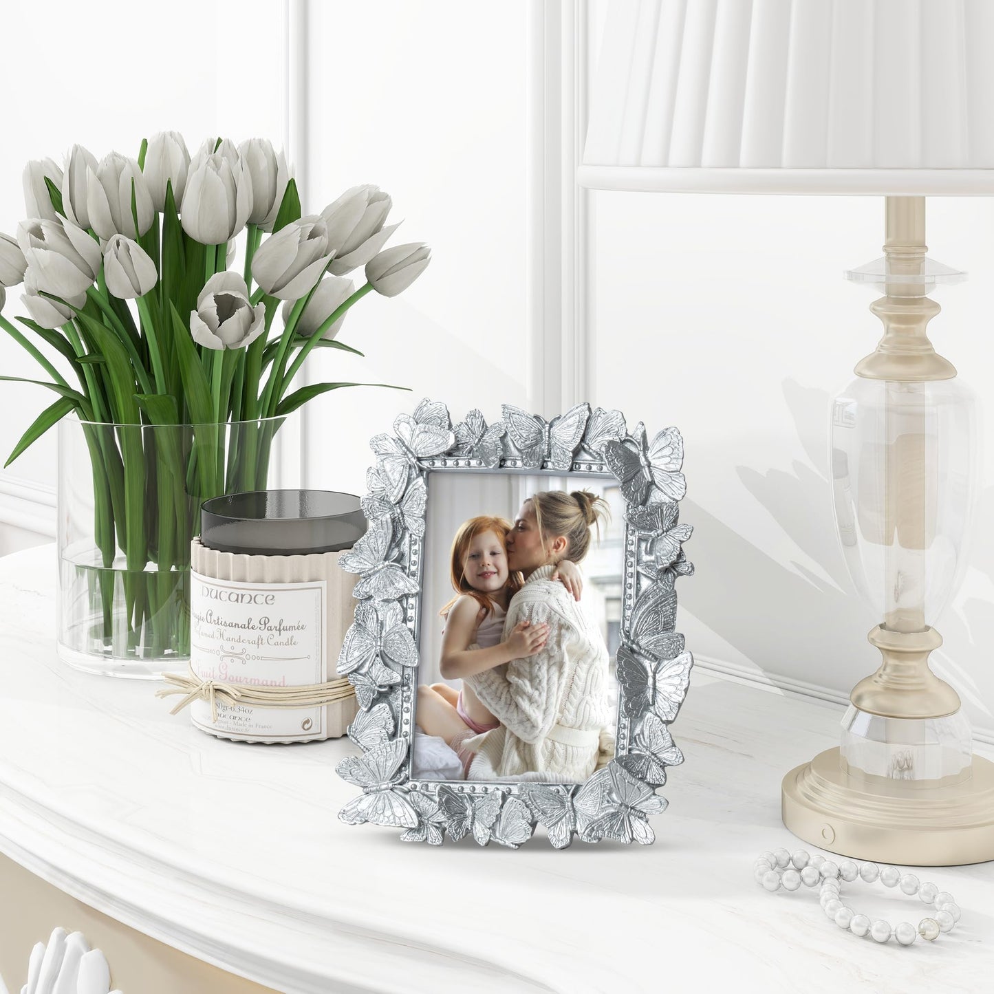 Picture Frame with High Tempered Glass, Butterfly Textured Hand-Crafted Resin Cute Photo Frame with Easel & Hook for Tabletop & Wall Display