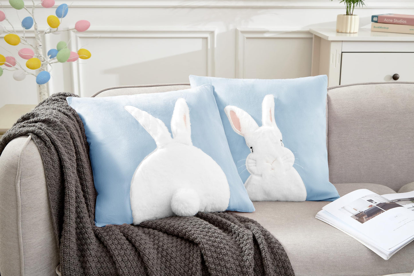 Embroidered 3D Bunny Rabbit Throw Pillowcase Velvet Spring Easter Pillow Covers