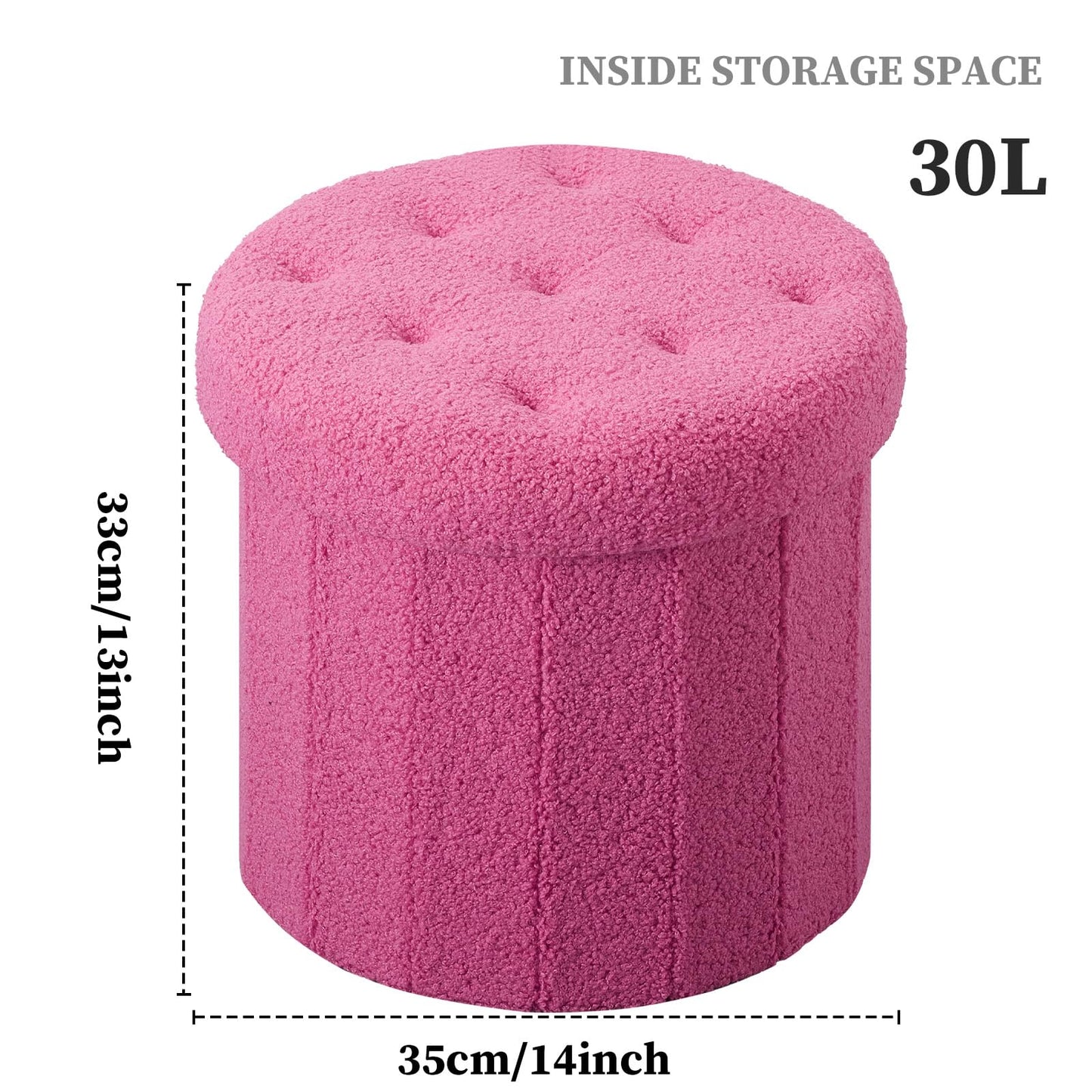 Round Storage Ottoman Foot Stool, Faux Teddy Tufted Ottoman with Storage, Foot Rest for Living Room Bedroom or Dorm 13.7x13.7x13 inches