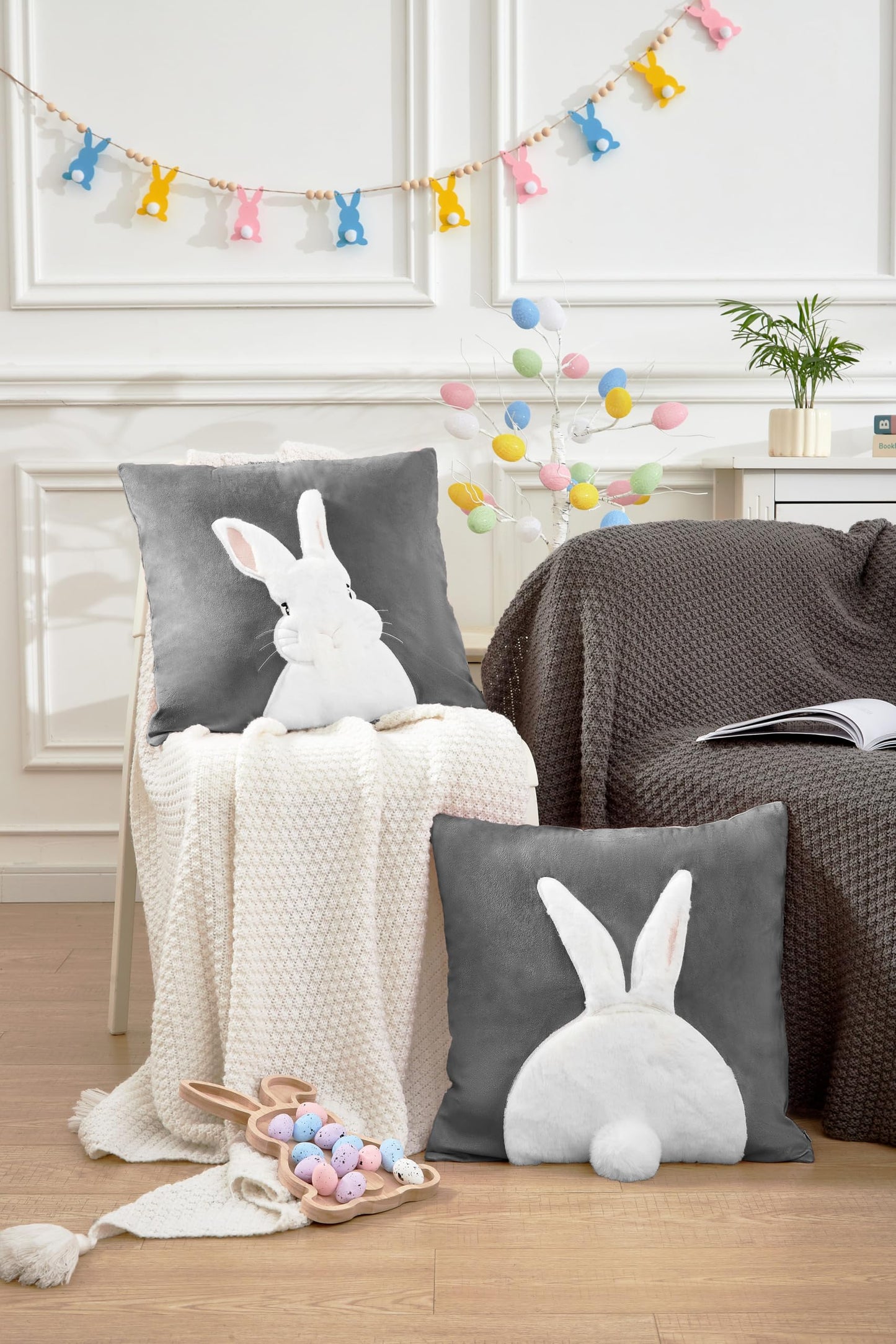 Embroidered 3D Bunny Rabbit Throw Pillowcase Velvet Spring Easter Pillow Covers