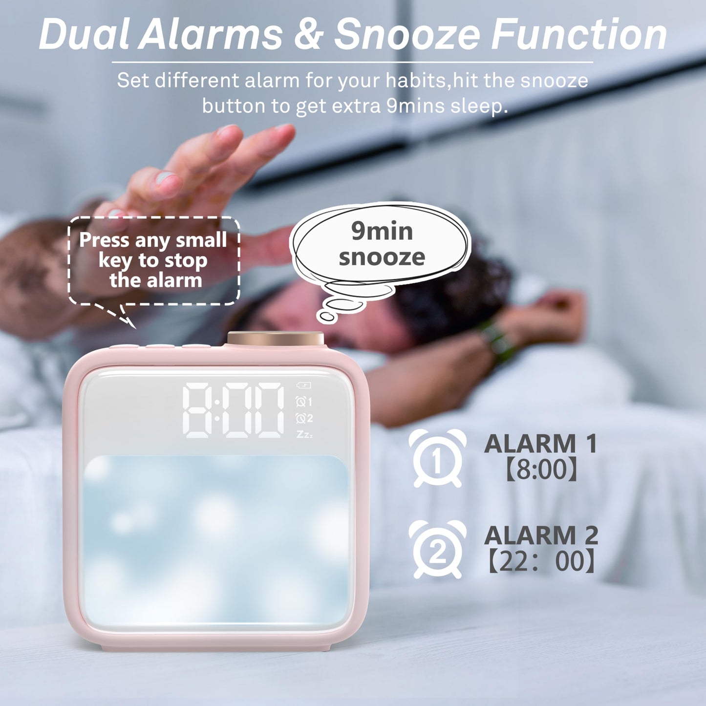 Rechargeable Alarm Clock with Night Light – Features Dual Alarms, Snooze Function, 6 Scene Simulations, and White Noise Sync