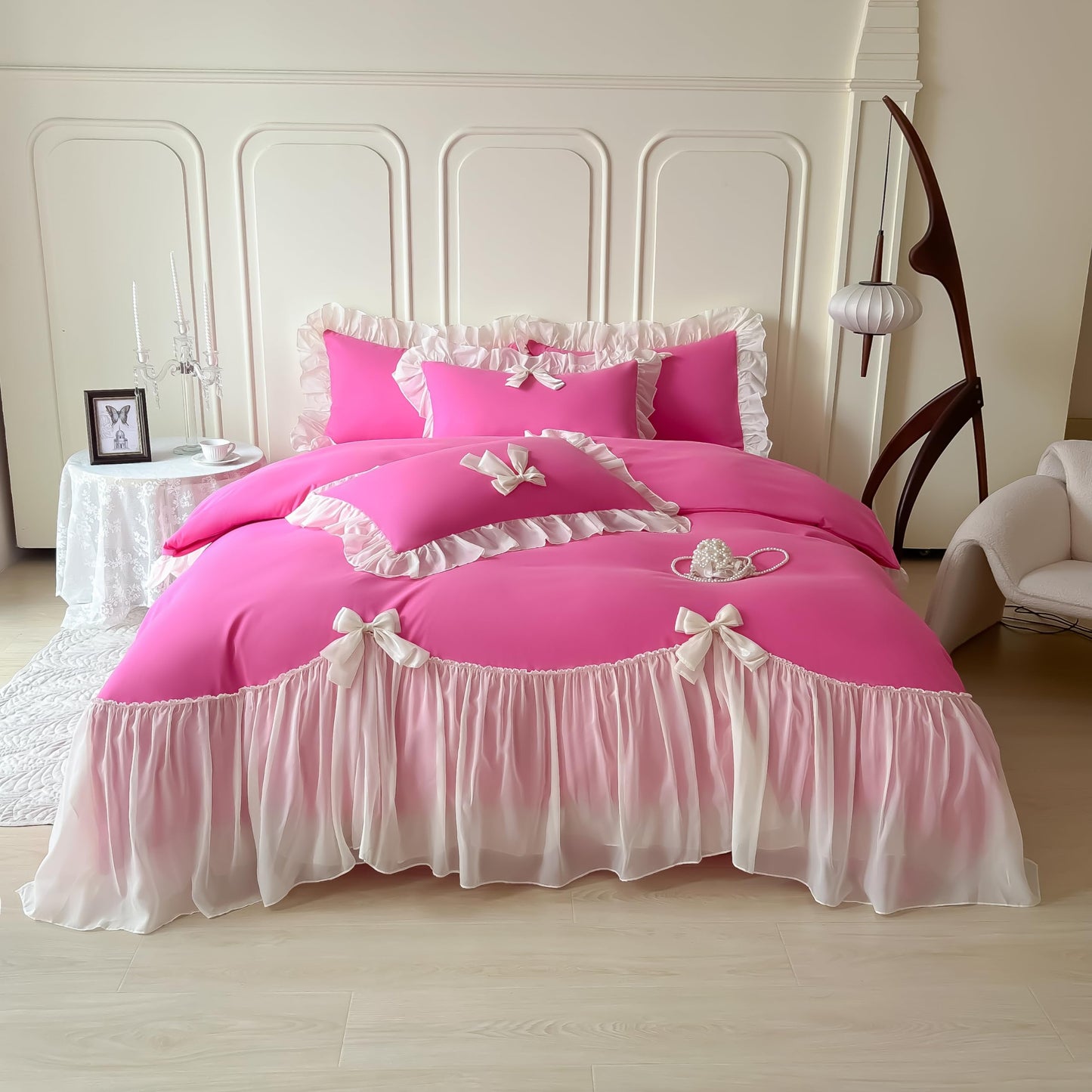 Princess Style Lace Bedding Comforter Cover Set, Chic Ruffled Duvet Cover with Lovely Bow, 1 Duvet Cover with 2 Pillowcases, No Comforter