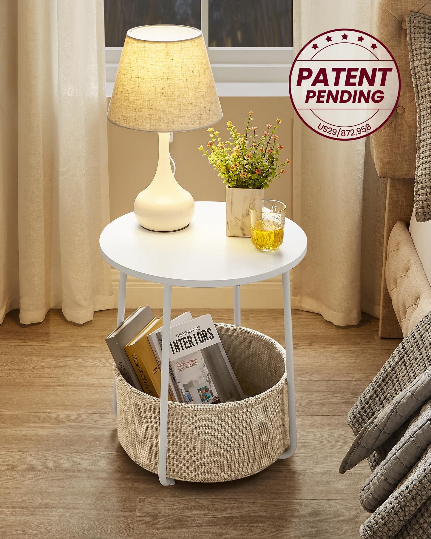 Small Bedside Table with Fabric Basket, Modern Nightstand, Round Side Table