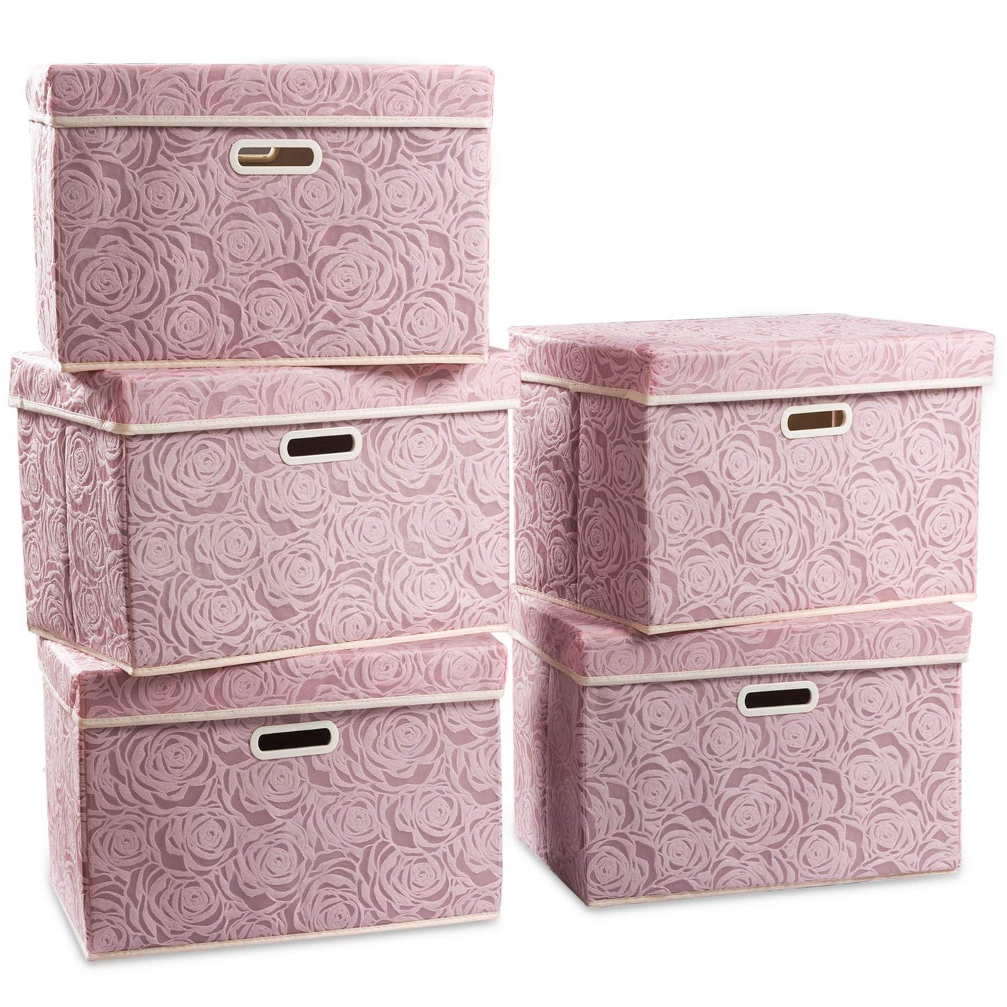 Larger Collapsible Storage Bin with Lid Fabric Decorative Storage Box Cube Organizer Container Baskes with Handles Divider for Bedroom Closet Living Room Pink 17.7x11.8x11.8 Inch