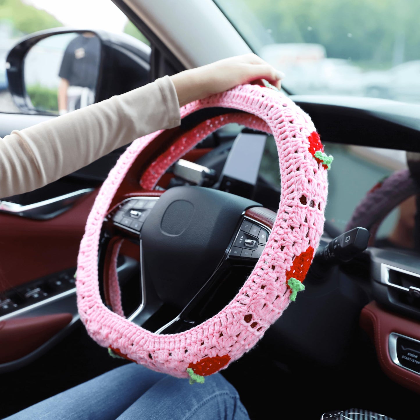 Pink Strawberry Granny Square Pattern - Crochet Steering Wheel Cover Set