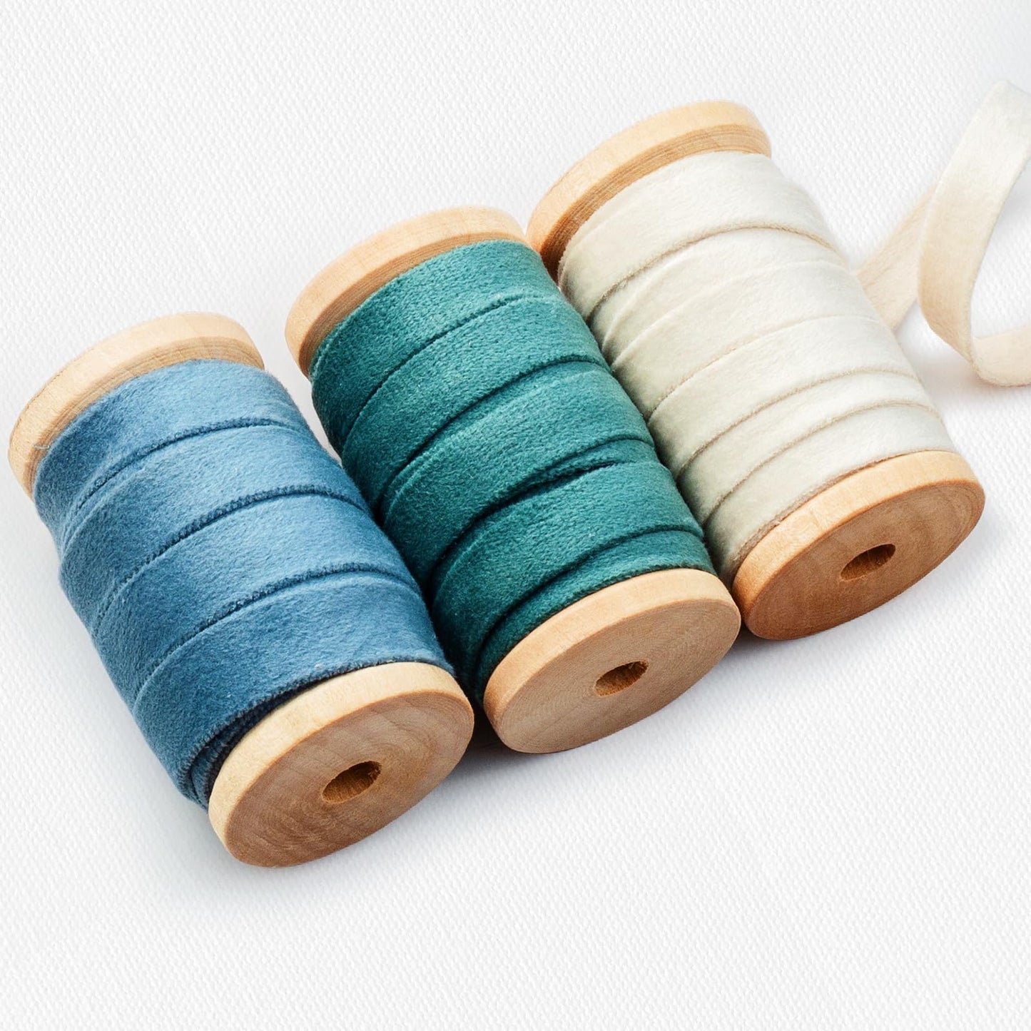 Velvet Ribbon Set: 3 Rolls of 3/8" Wide, 5 Yards Each, on Wooden Spools for Crafts and Decorations