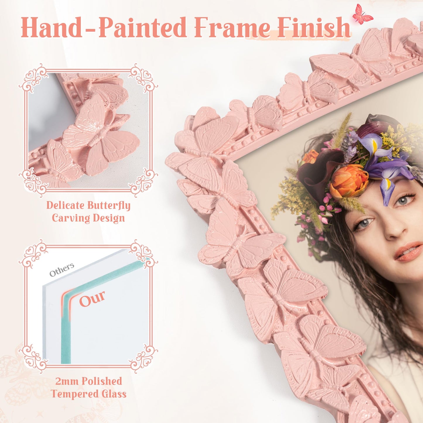 Picture Frame with High Tempered Glass, Butterfly Textured Hand-Crafted Resin Cute Photo Frame with Easel & Hook for Tabletop & Wall Display