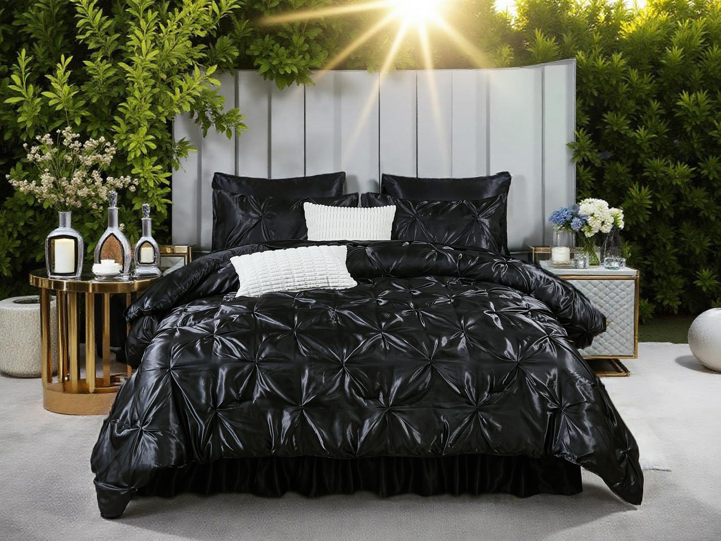 Pinch Pleat Bedding Set - Pin-tuck Luxury Bed Comforter Set 10 Pcs, Soft Silky Down Comforter Bed Set Satin with Sheets