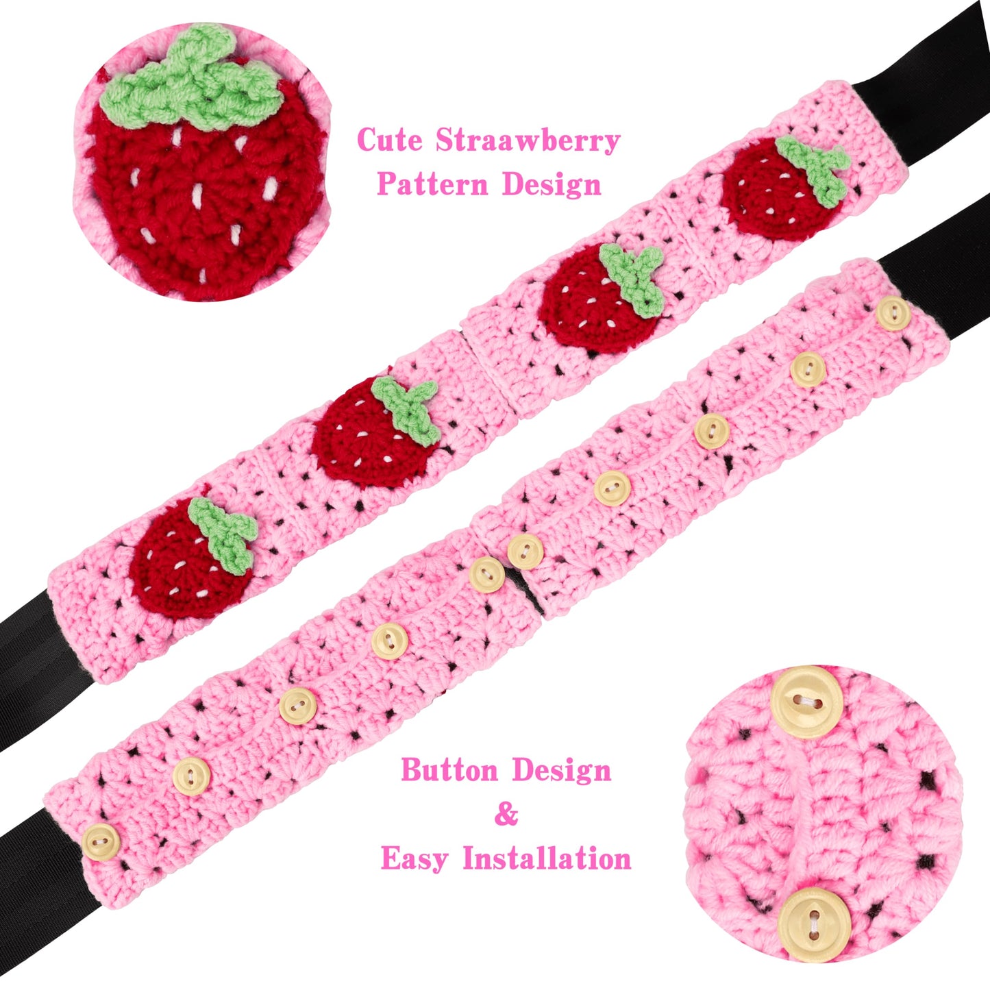 Pink Strawberry Granny Square Pattern - Crochet Steering Wheel Cover Set