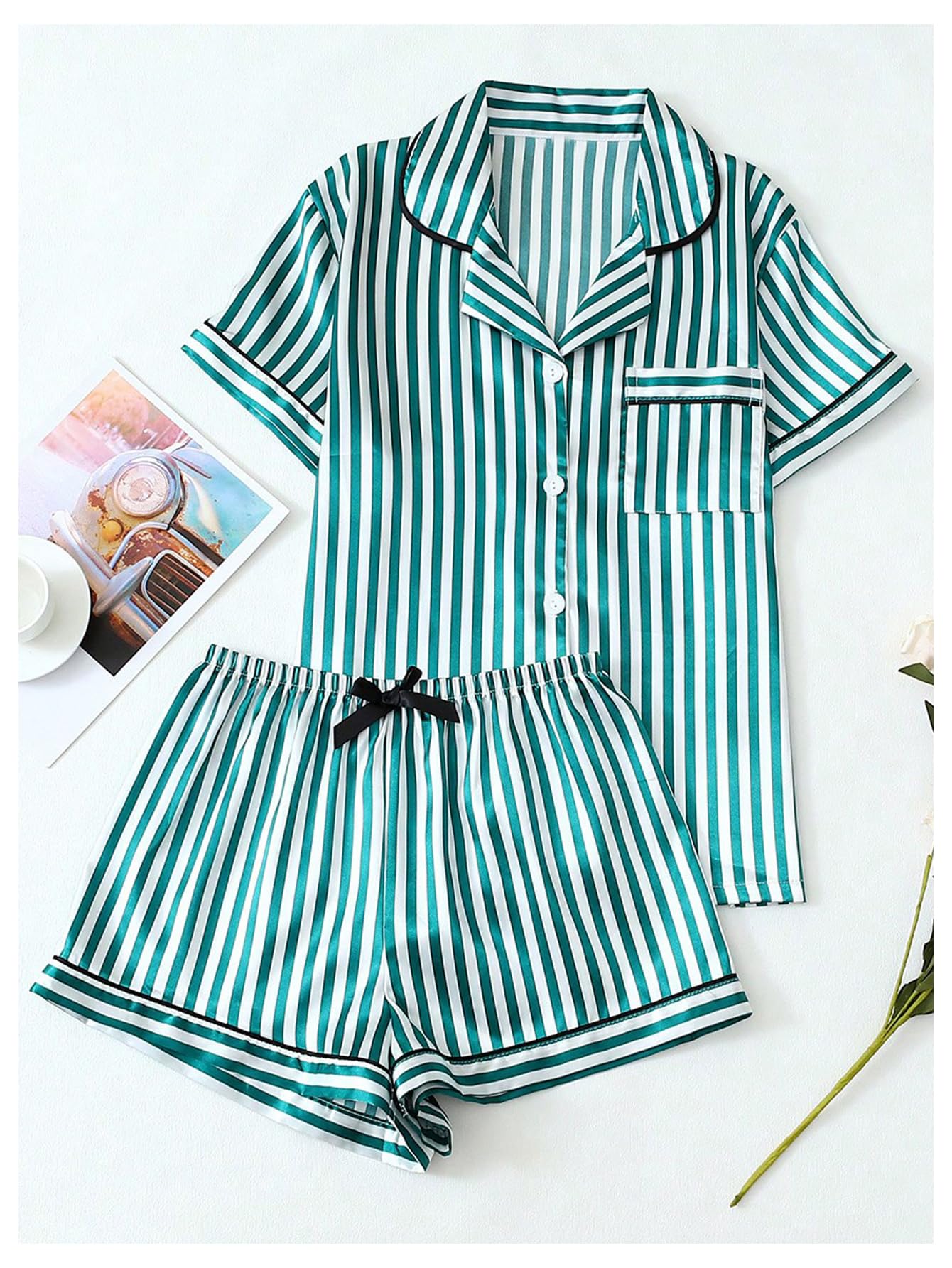 Coquette Bow Tie Women's 2 Piece Satin Striped Pajama Set Short Sleeve Button Down Top and Shorts Sleepwear