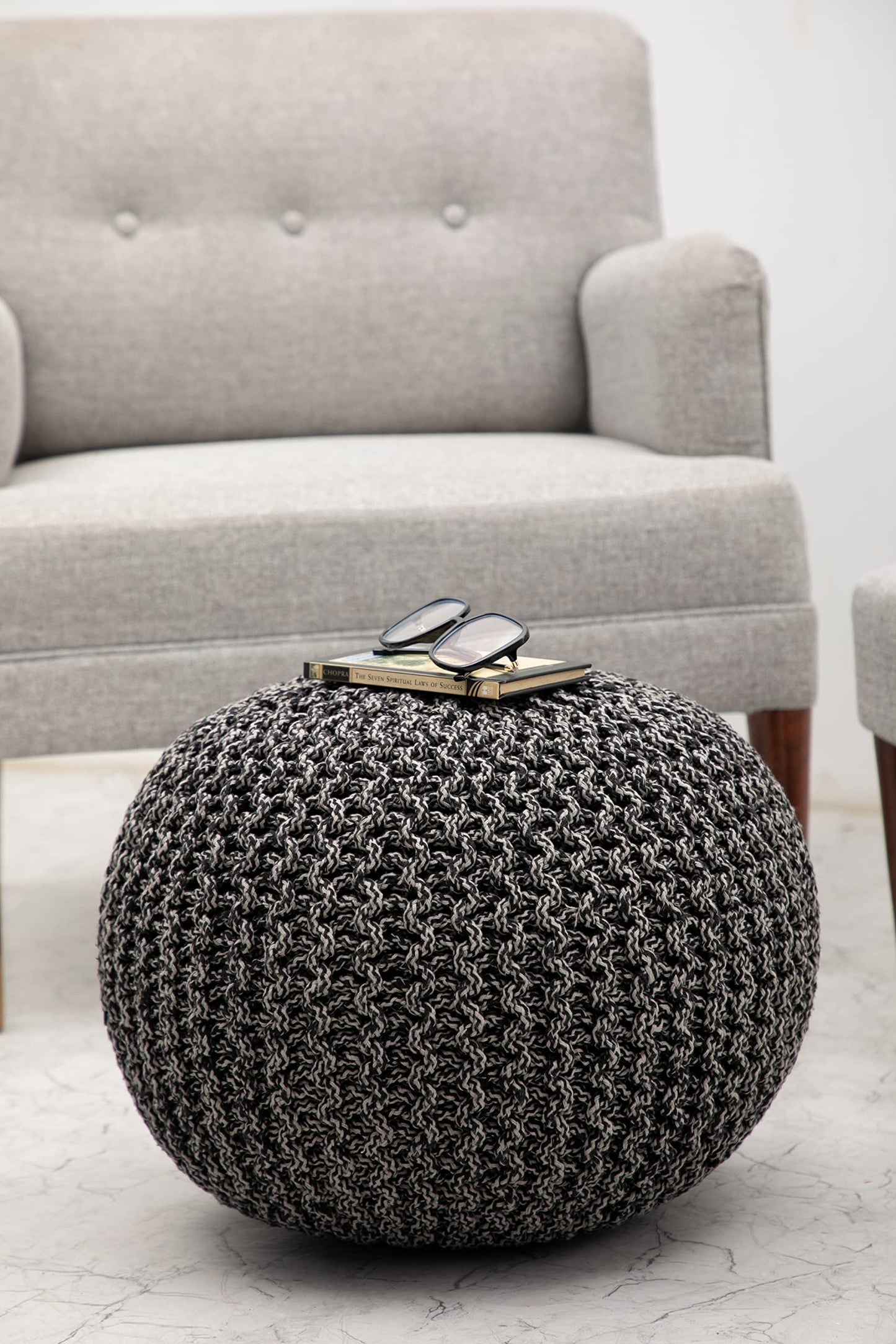 Hand-Knitted Cotton Round Pouf – Braid Cord Ottoman, Footrest, and Accent Seat for Living Room, Nursery, Kids Room, or Dorm Décor – 20x14