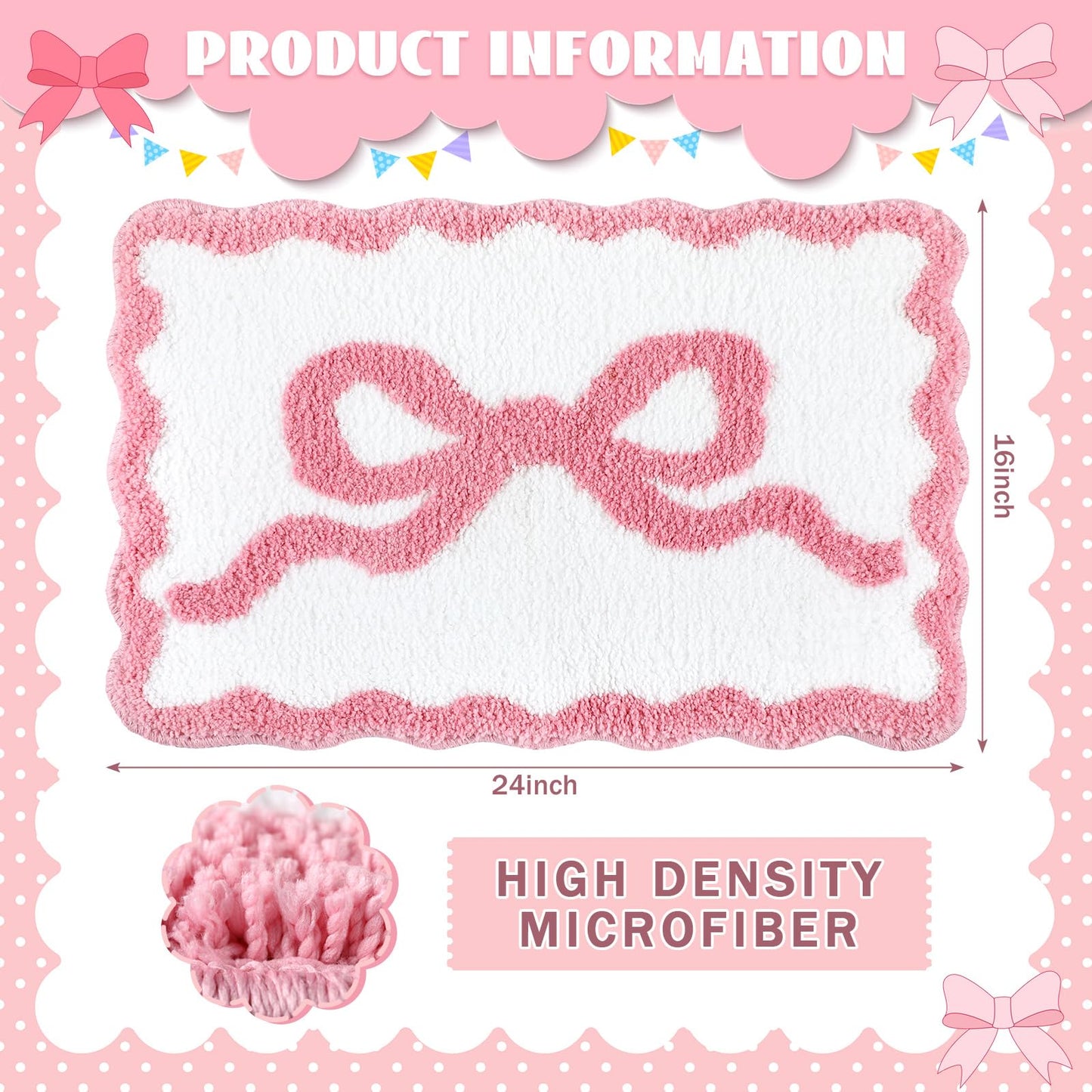 Cute Aesthetic Scalloped Bow Bathroom Mat Non Slip Coquette Bow Rug