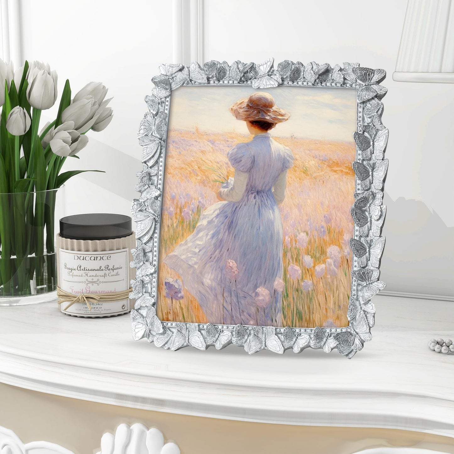 Picture Frame with High Tempered Glass, Butterfly Textured Hand-Crafted Resin Cute Photo Frame with Easel & Hook for Tabletop & Wall Display