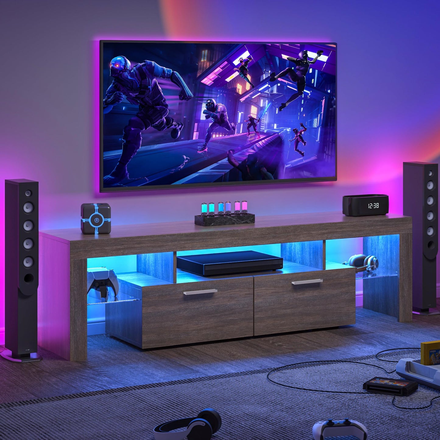 LED TV Stand with Large Storage Drawer -  Modern High Gloss TV Console Table with Entertainment Center