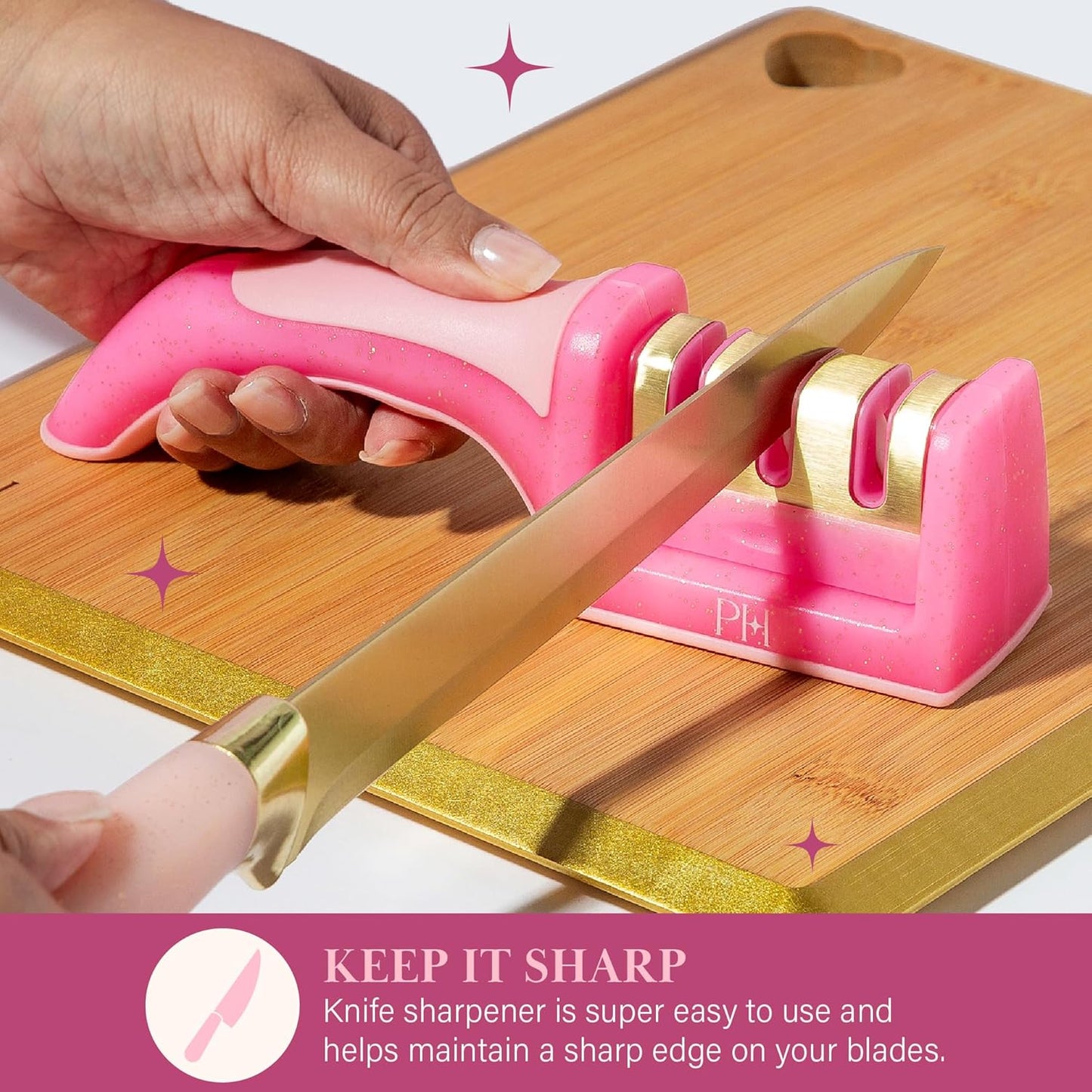 Paris Hilton 3-Stage Knife Sharpener, Professional Kitchen Knife Sharpener with Ergonomic Handle, Non-Slip Base, and Coarse, Medium, Fine Sharpening Stages, Pink