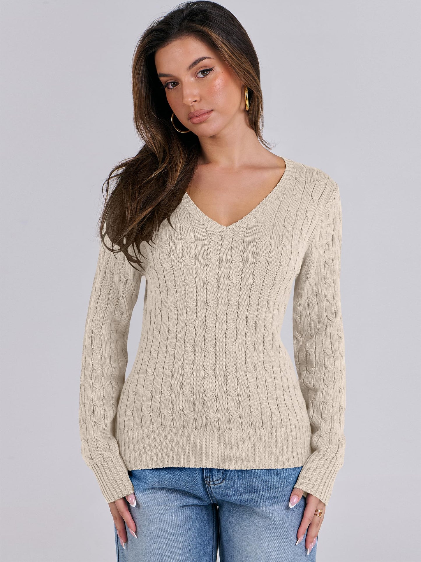 Women's Long Sleeve V Neck Cable Knit Sweater Jumper