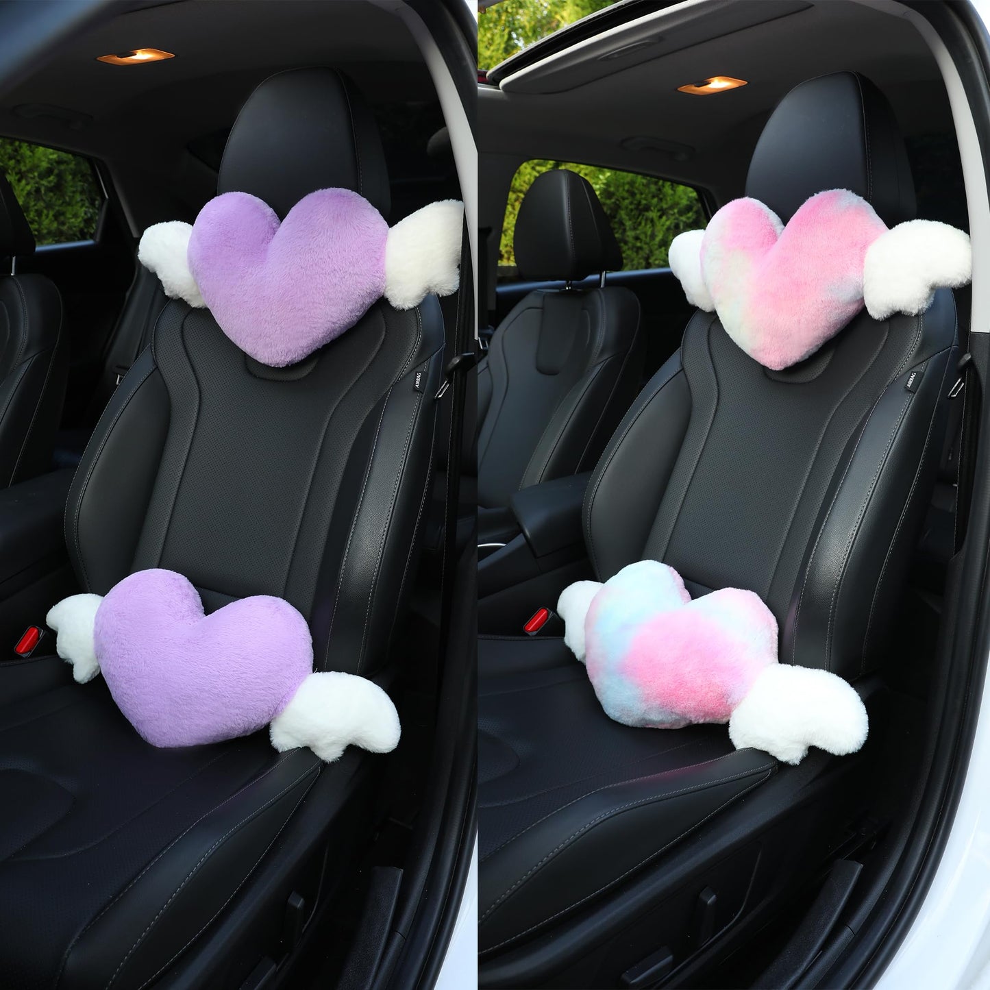 Heart Shaped Cute Car Headrest Pillow with Angel Wings - Comfortable Soft Head Rest Cushion Kawaii