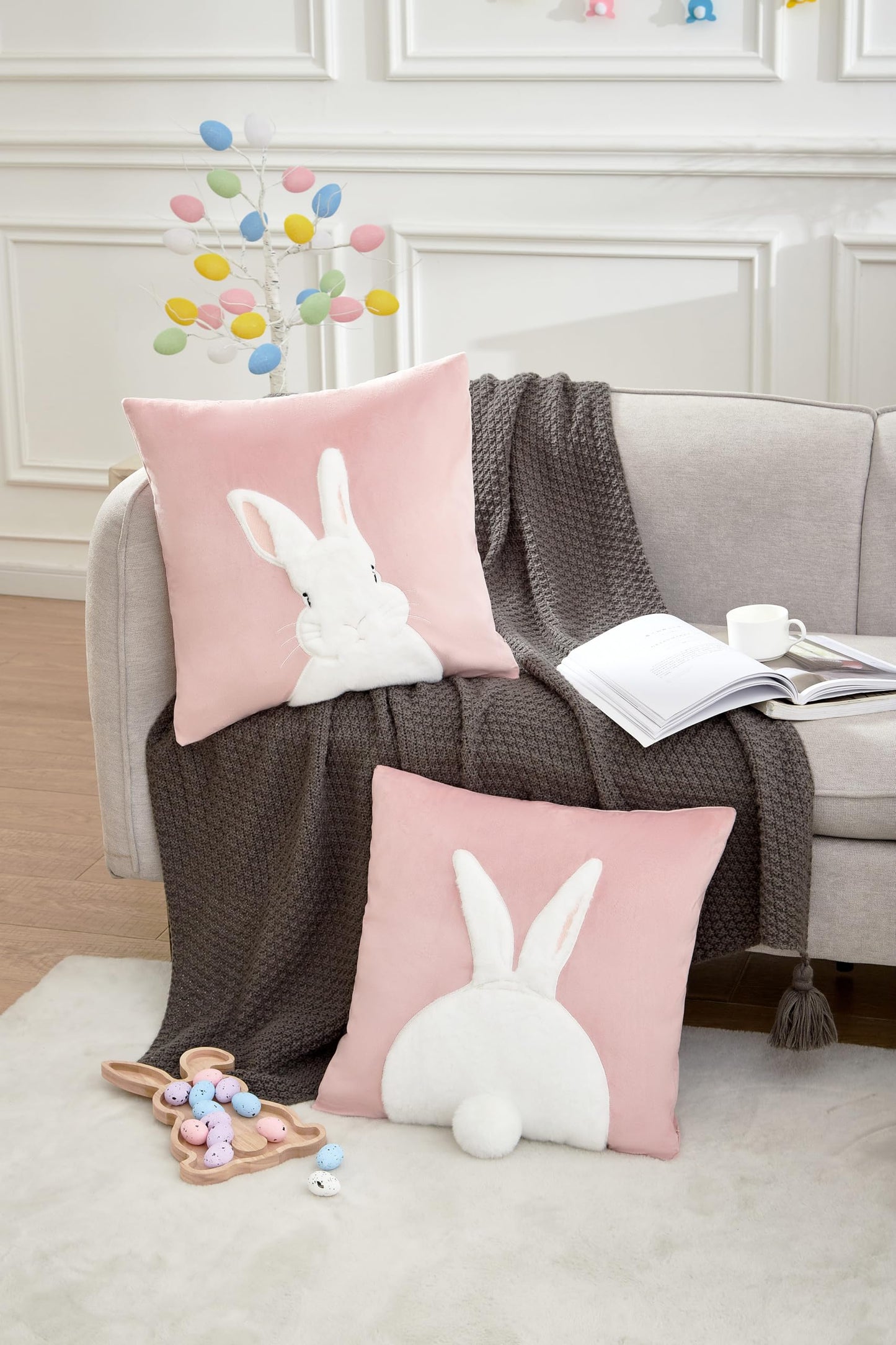 Embroidered 3D Bunny Rabbit Throw Pillowcase Velvet Spring Easter Pillow Covers