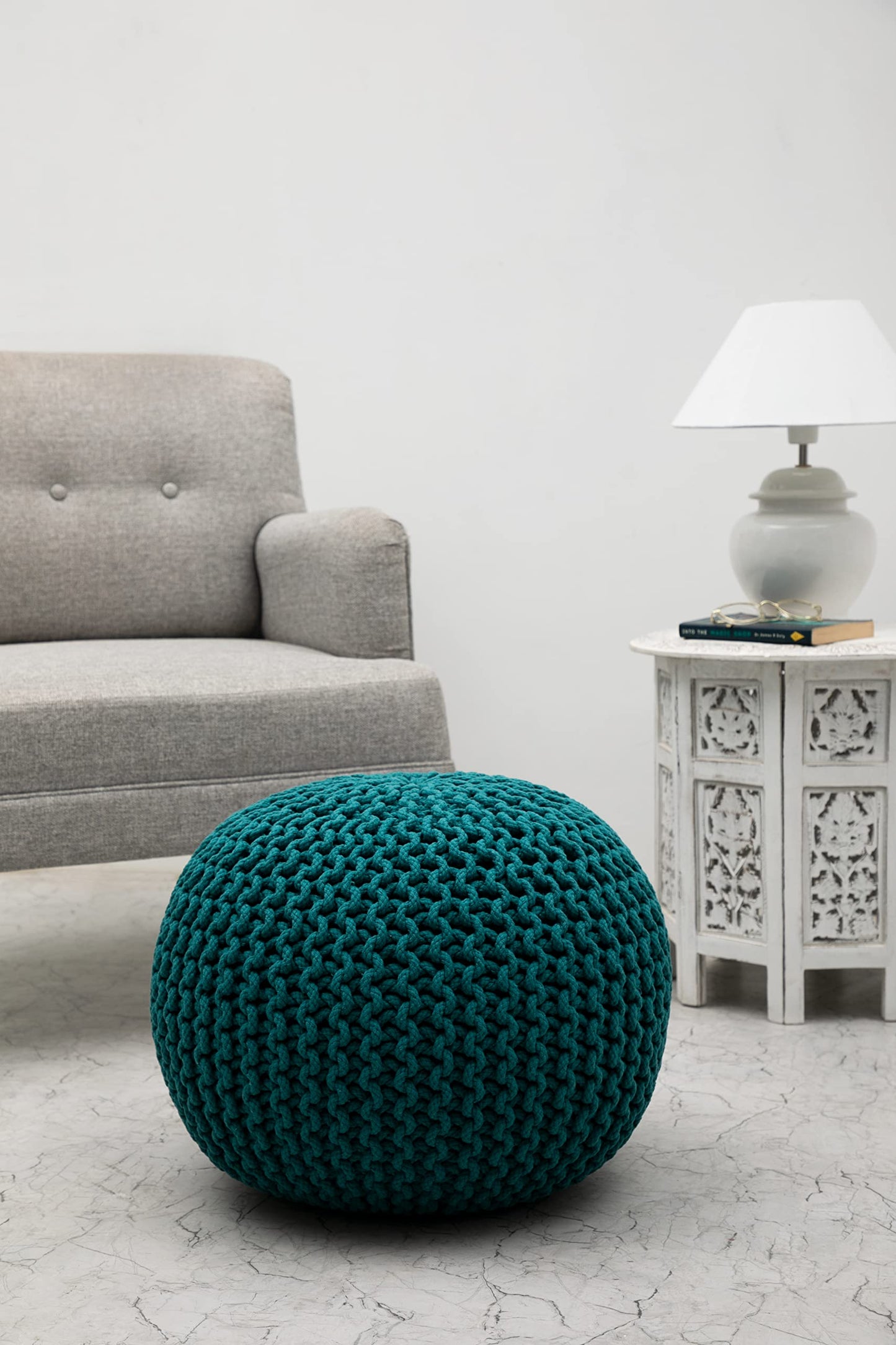 Hand-Knitted Cotton Round Pouf – Braid Cord Ottoman, Footrest, and Accent Seat for Living Room, Nursery, Kids Room, or Dorm Décor – 20x14