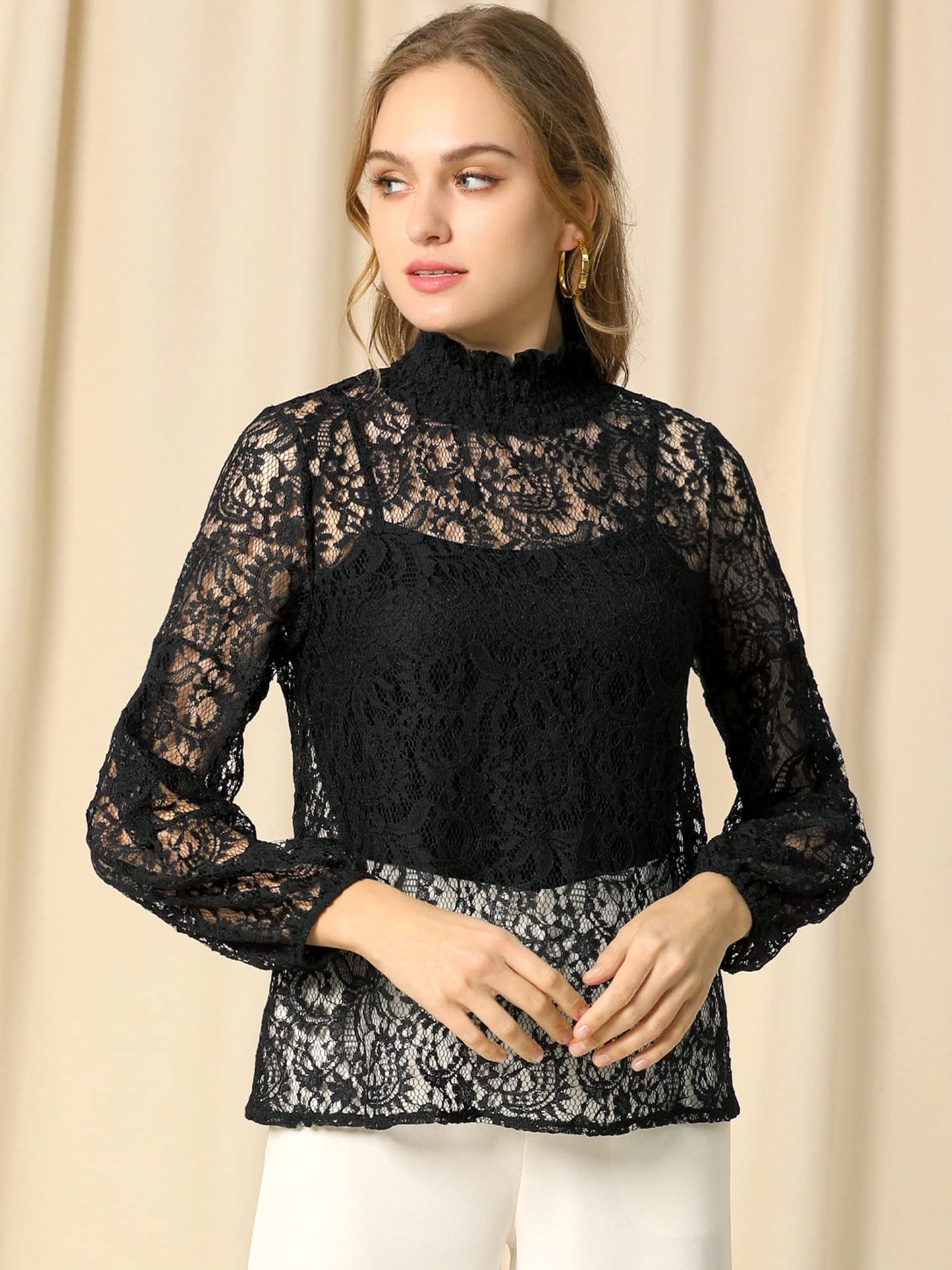 Floral Lace Top Turtleneck Puff Long Sleeve See Through Sheer Blouse