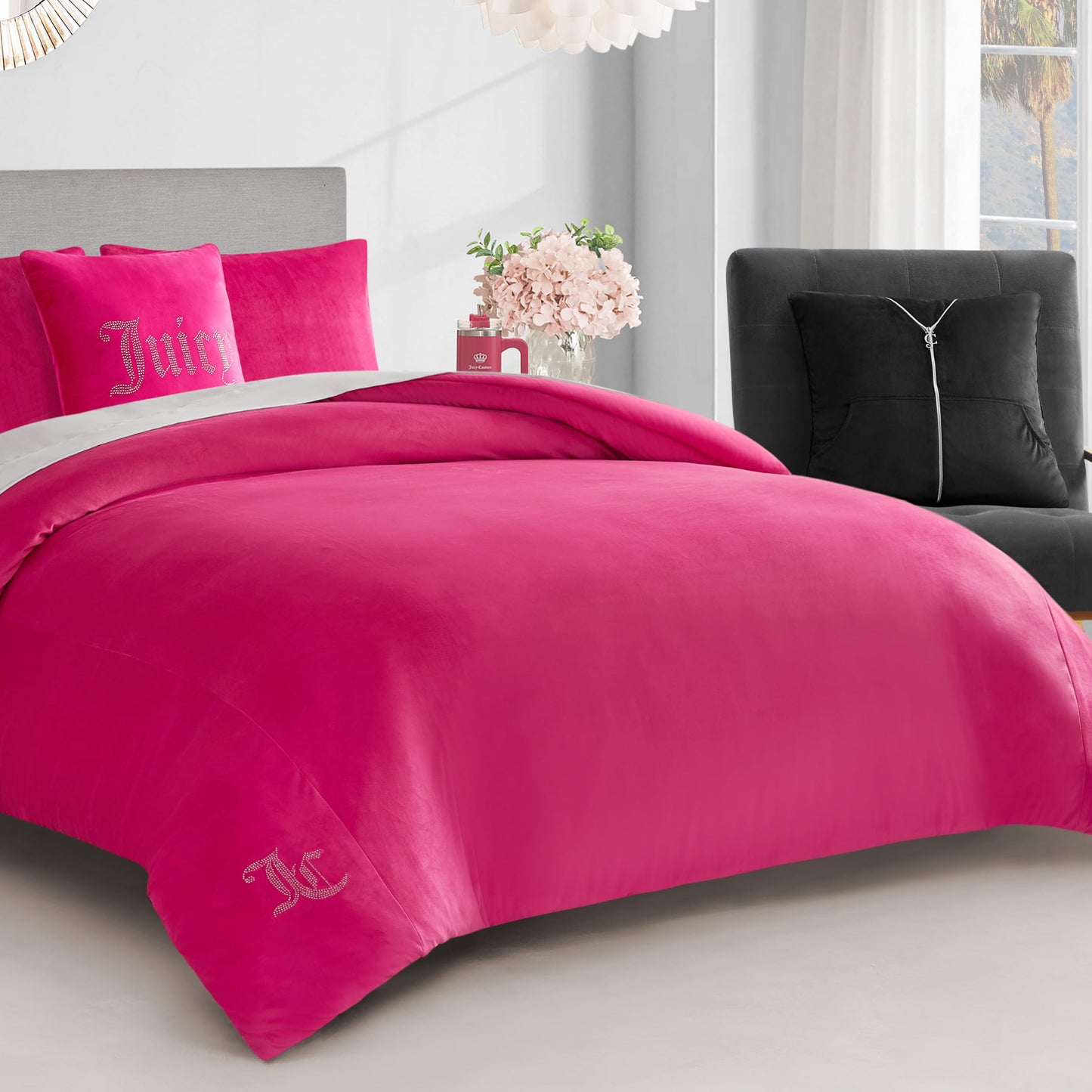 Juicy Couture Solid Velour 3-Piece King Comforter Set – Luxurious Bedding Ensemble