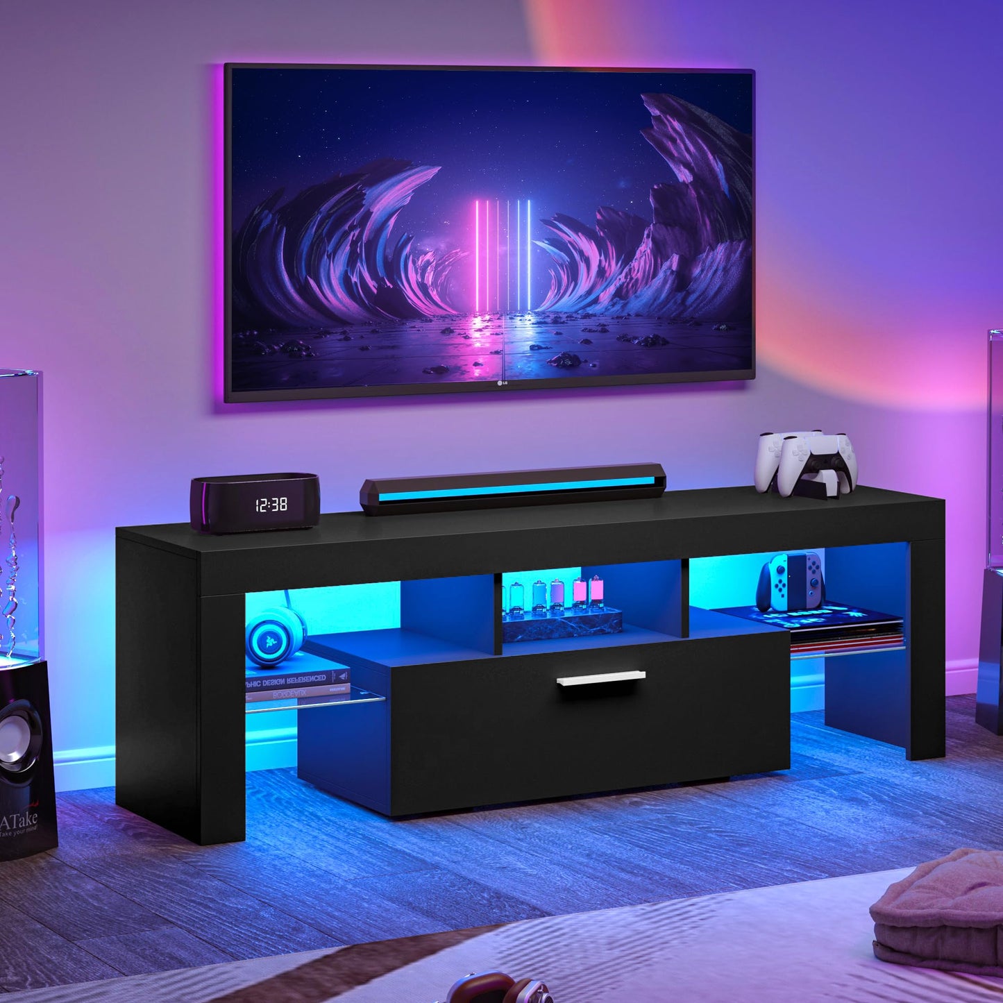 LED TV Stand with Large Storage Drawer -  Modern High Gloss TV Console Table with Entertainment Center