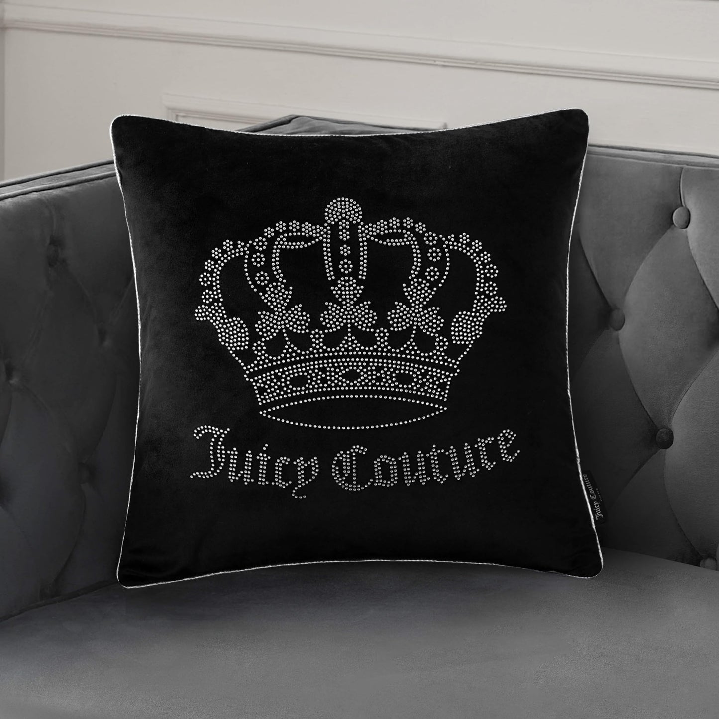 Juicy Couture - Decorative Accent Pillow, Velvet Rhinestone Crown, Premium Reversible Throw Pillow