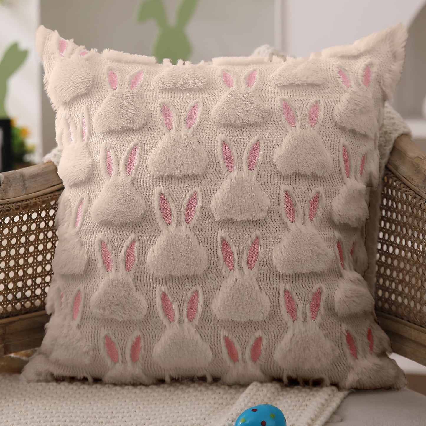 Easter Bunny Pillow Covers | Set of 2 Easter Soft Plush Faux Fur Jacquard Throw Pillows