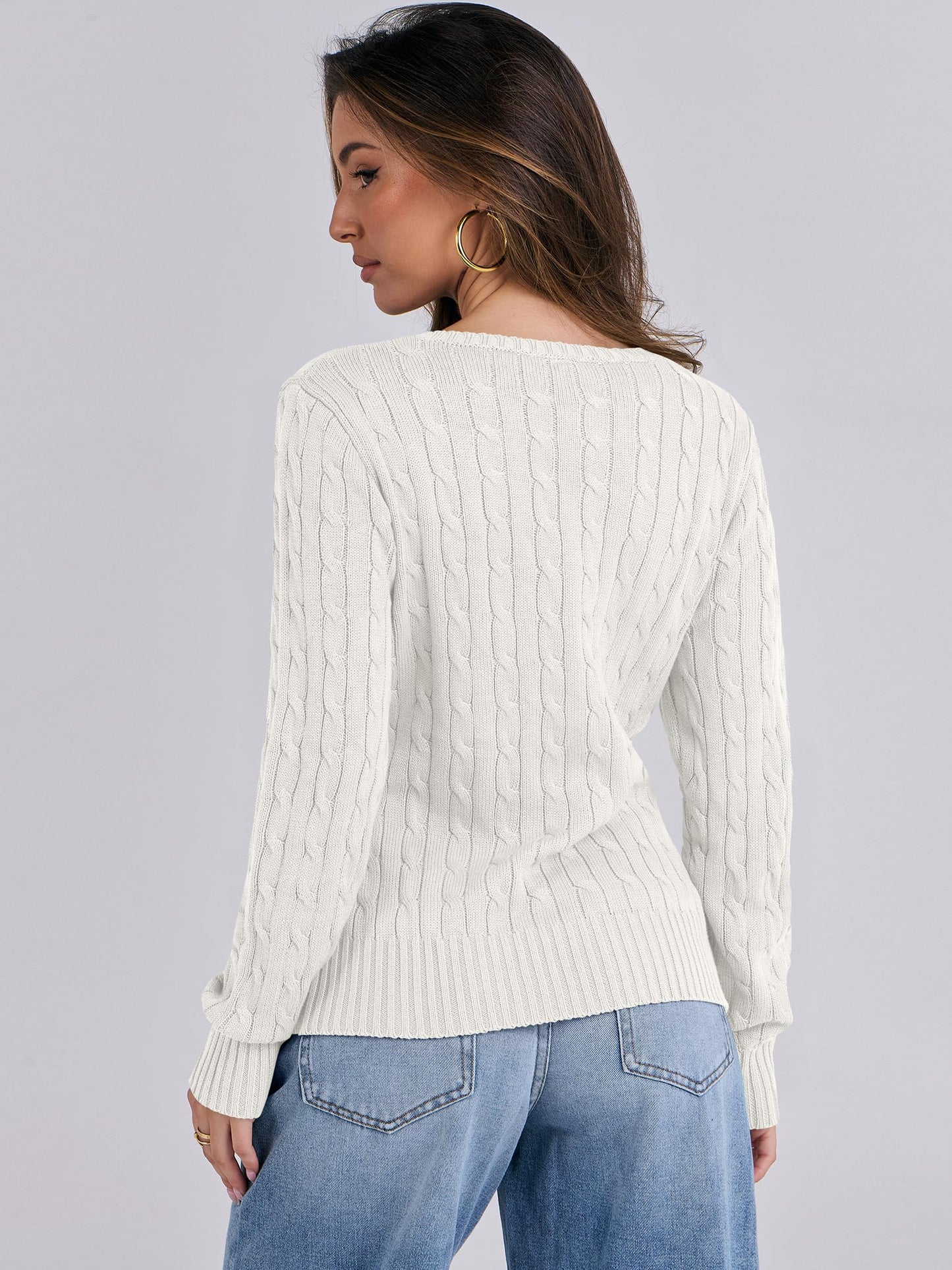 Women's Long Sleeve V Neck Cable Knit Sweater Jumper