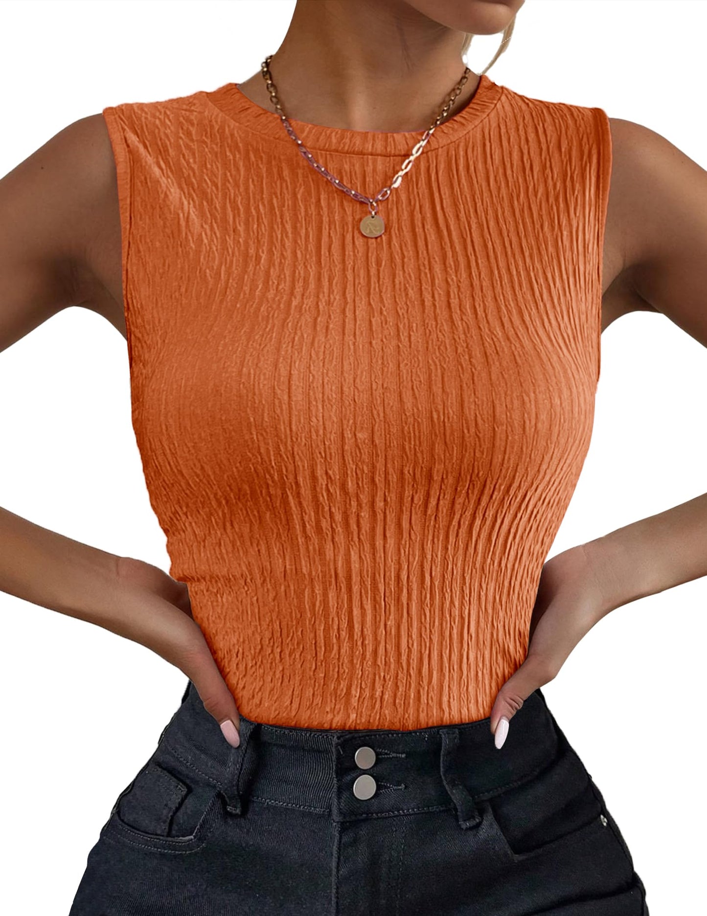 Women's High Neck Tank Top Ribbed Knit Slim Fitted Basic Textured Sleeveless Shirts