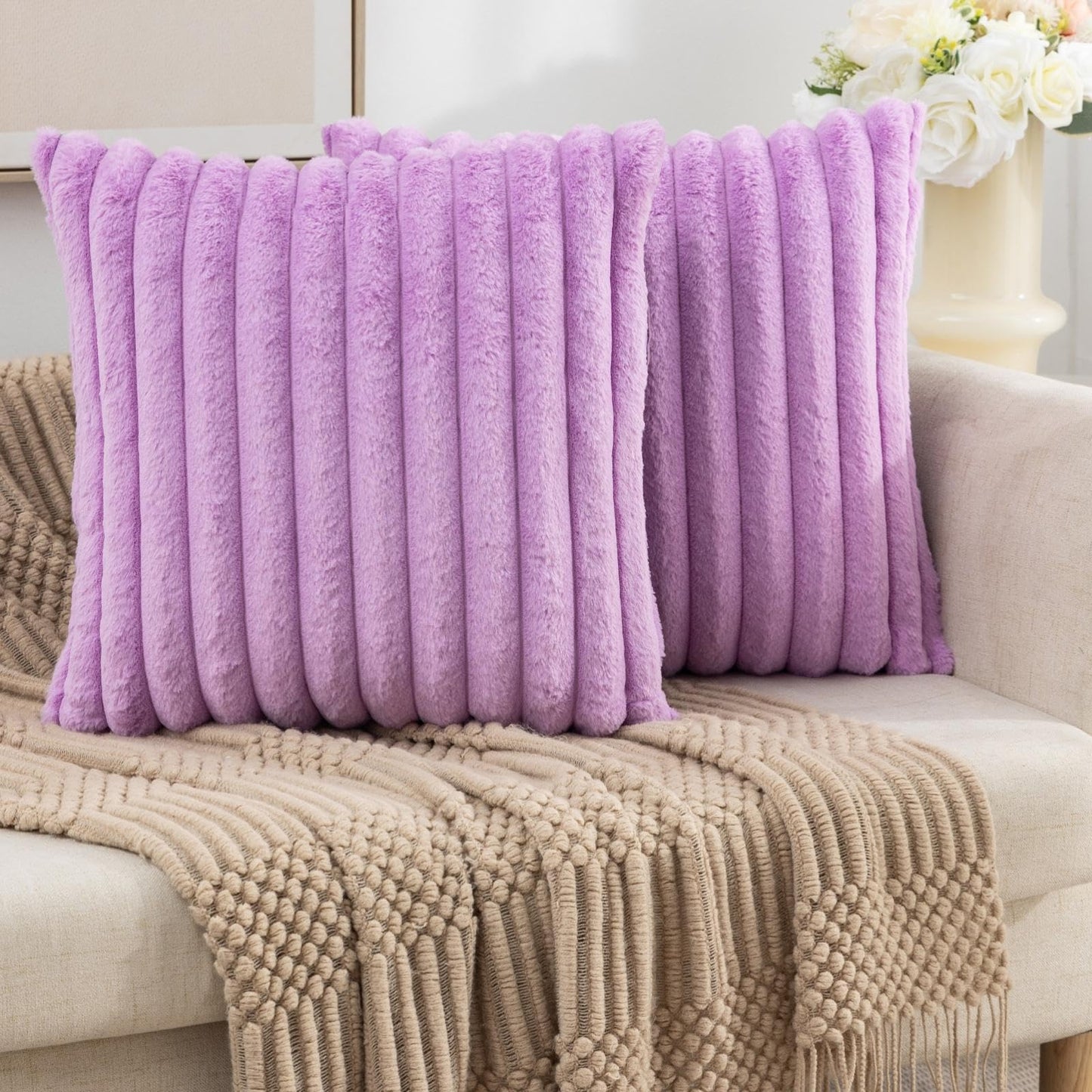 Set of 2 Fluffy Faux Fur Striped Pillow Covers – Decorative Cushion Cases