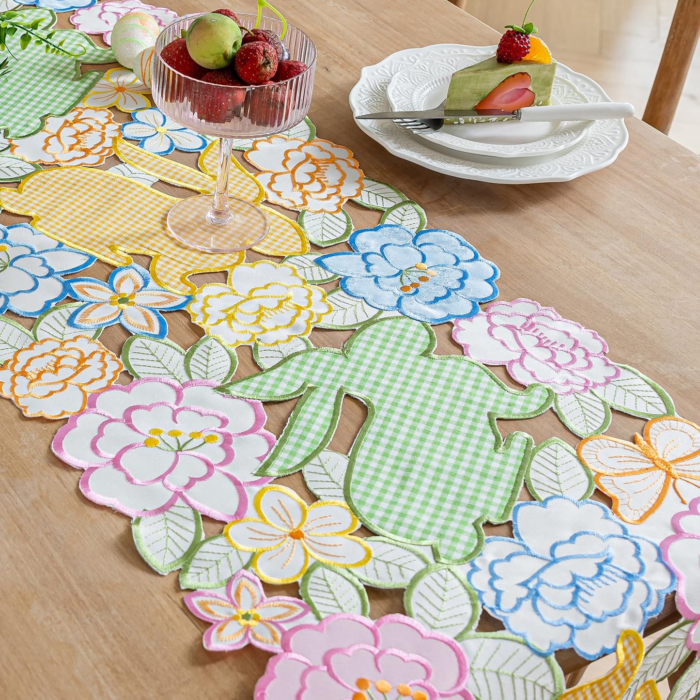 Cutwork Embroidered Plaid Easter Rabbits Florals Table Runners, Placements Dining Home Table Decorations