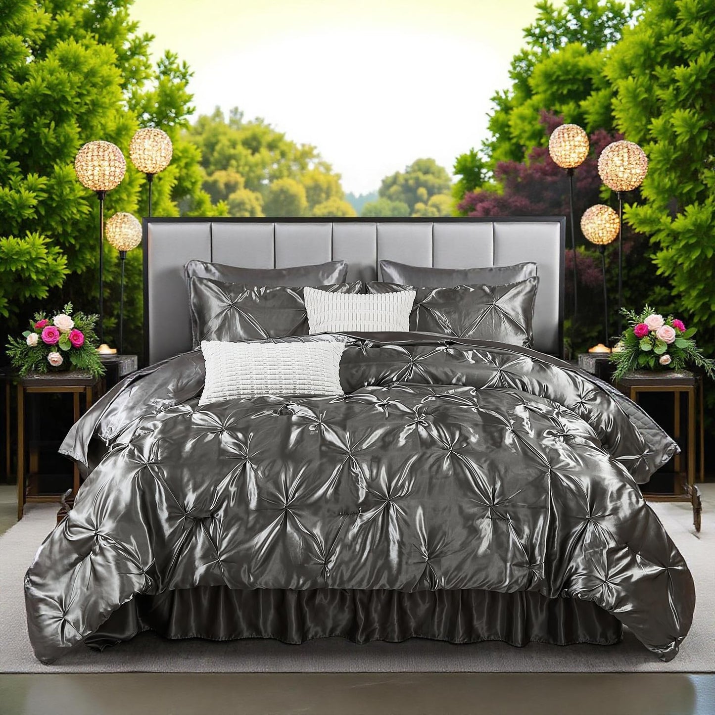 Pinch Pleat Bedding Set - Pin-tuck Luxury Bed Comforter Set 10 Pcs, Soft Silky Down Comforter Bed Set Satin with Sheets