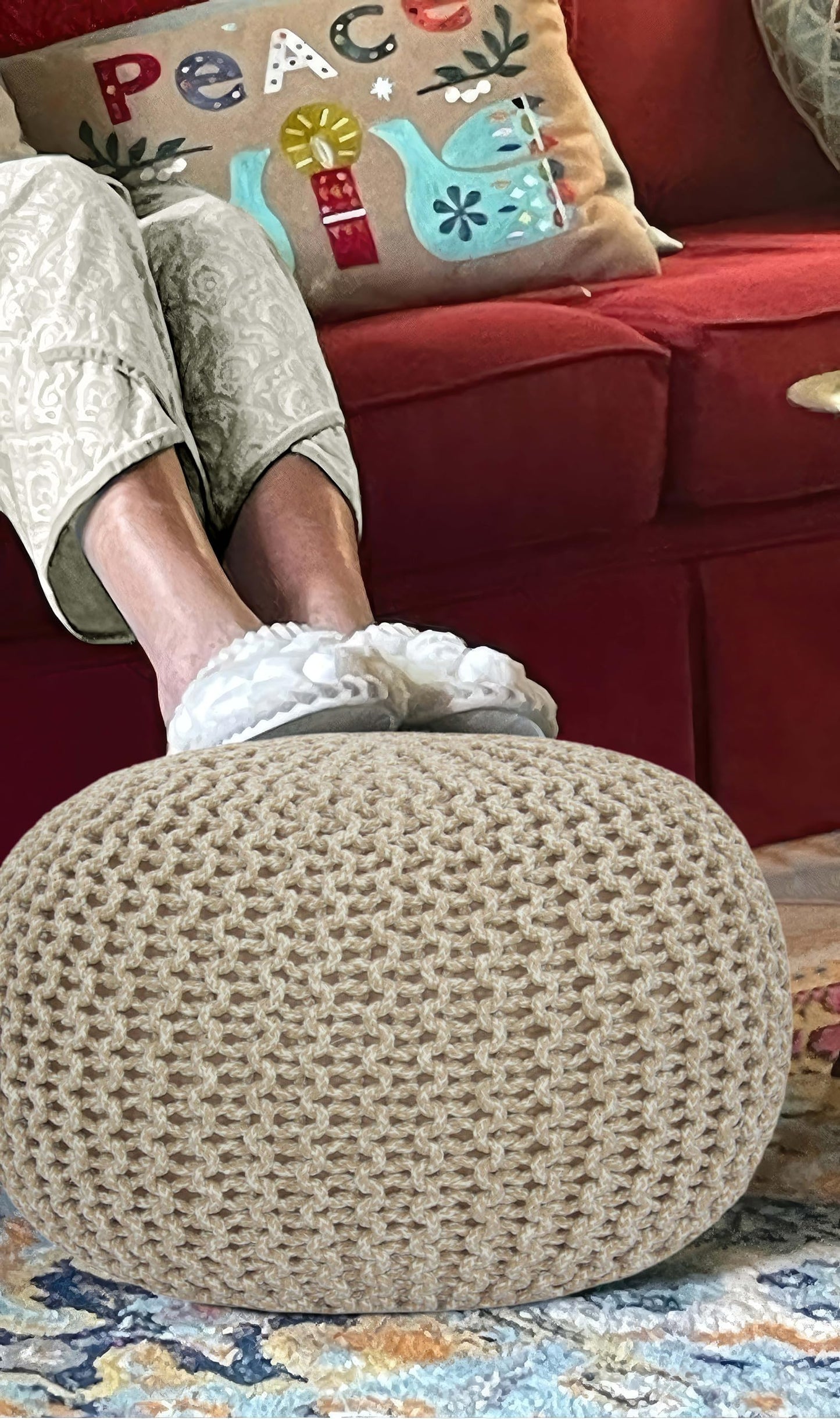 Hand-Knitted Cotton Round Pouf – Braid Cord Ottoman, Footrest, and Accent Seat for Living Room, Nursery, Kids Room, or Dorm Décor – 20x14