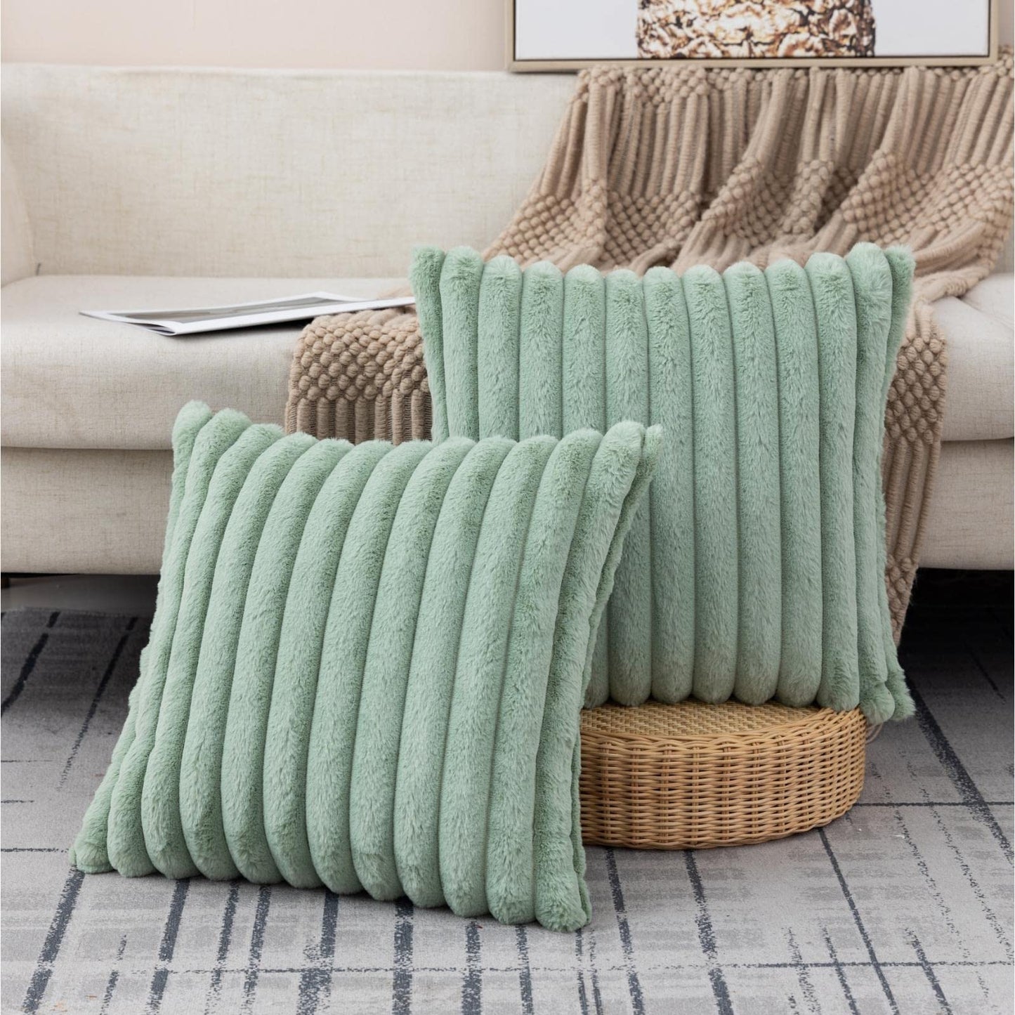 Set of 2 Fluffy Faux Fur Striped Pillow Covers – Decorative Cushion Cases