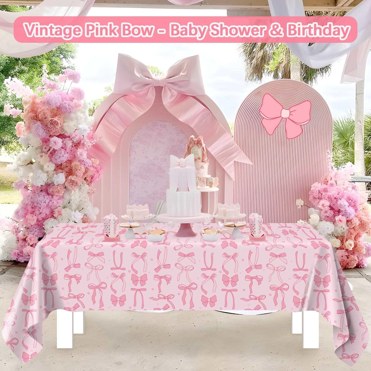 Coquette Birthday Decorations Tablecloths, Pink Bow Large Size Rectangle Table Cloths 54 x 108 Inch 3Pcs