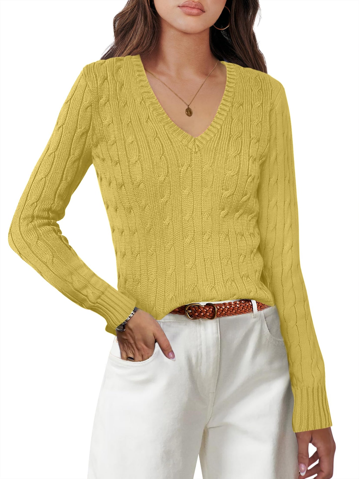 Women's Long Sleeve V Neck Cable Knit Sweater Jumper