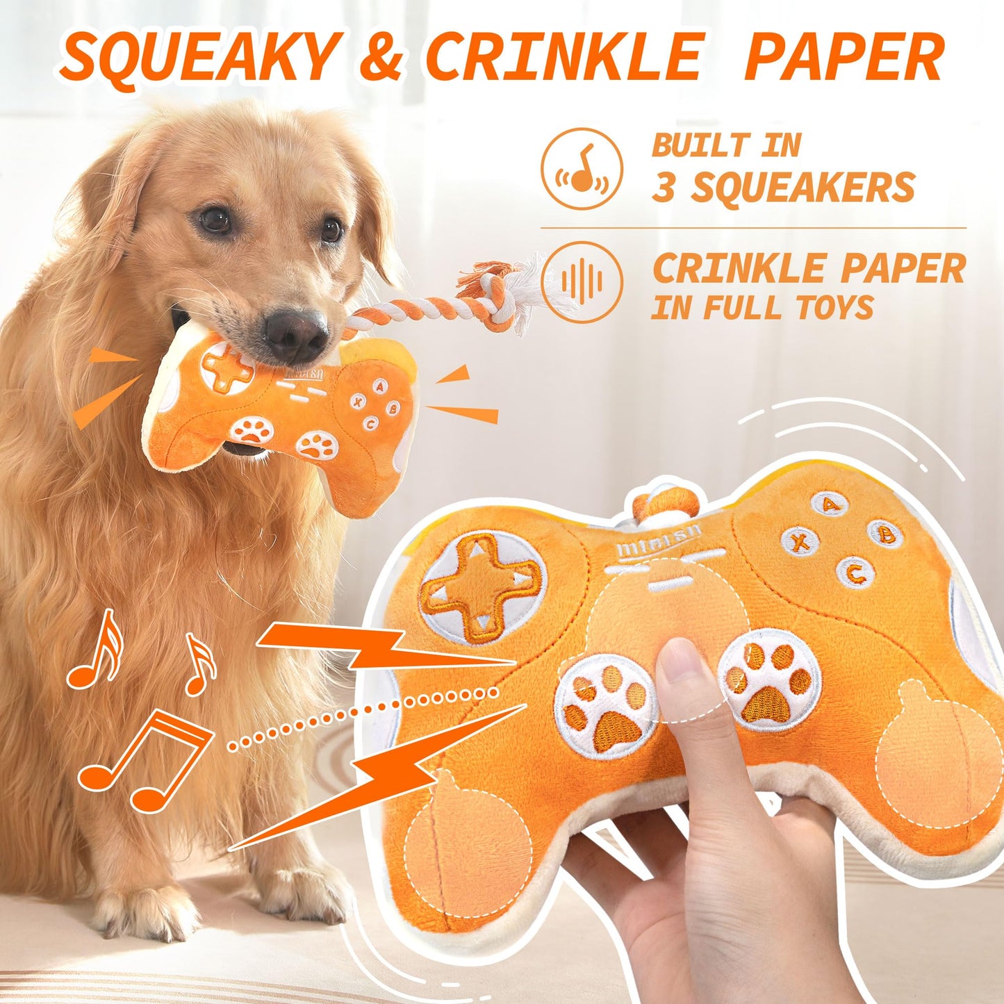 Cute Dog Plush Toys : Squeaky Dog Toys with Crinkle Paper and Interactive Rope Toy for Tug of War - Game Controller