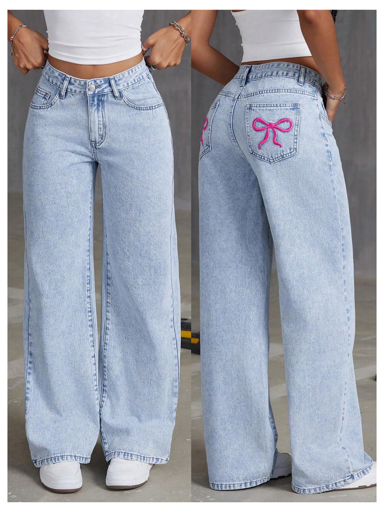 Women's Bowknot Embroidery Jeans - Y2k Straight Leg Boyfriend Denim Pants