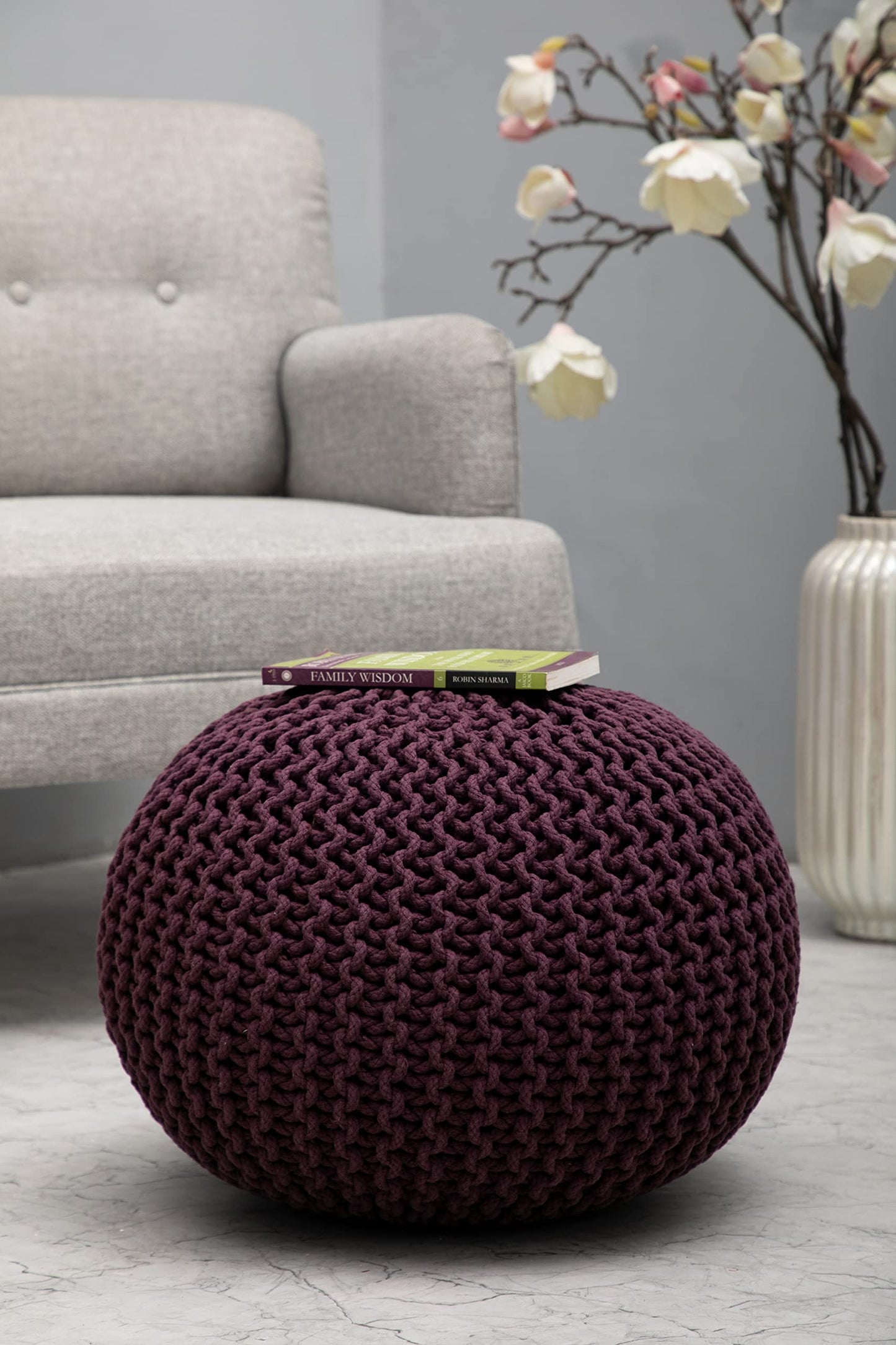 Hand-Knitted Cotton Round Pouf – Braid Cord Ottoman, Footrest, and Accent Seat for Living Room, Nursery, Kids Room, or Dorm Décor – 20x14