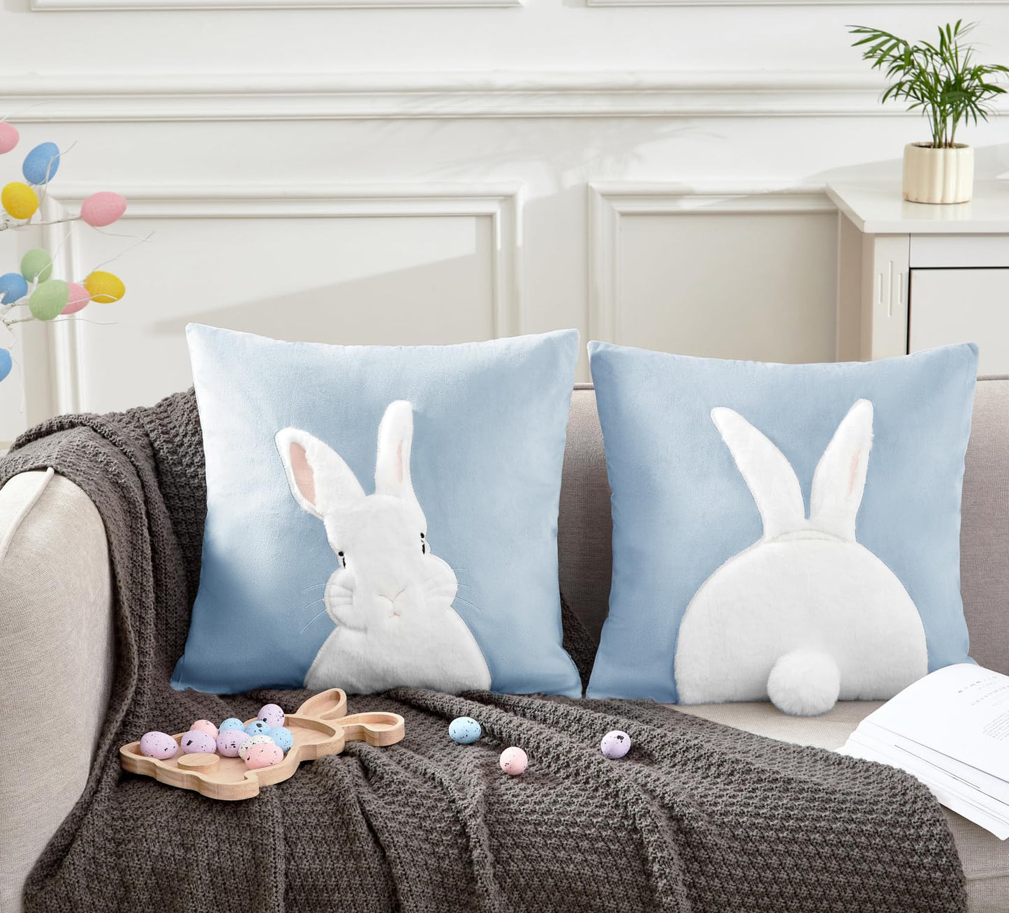 Embroidered 3D Bunny Rabbit Throw Pillowcase Velvet Spring Easter Pillow Covers