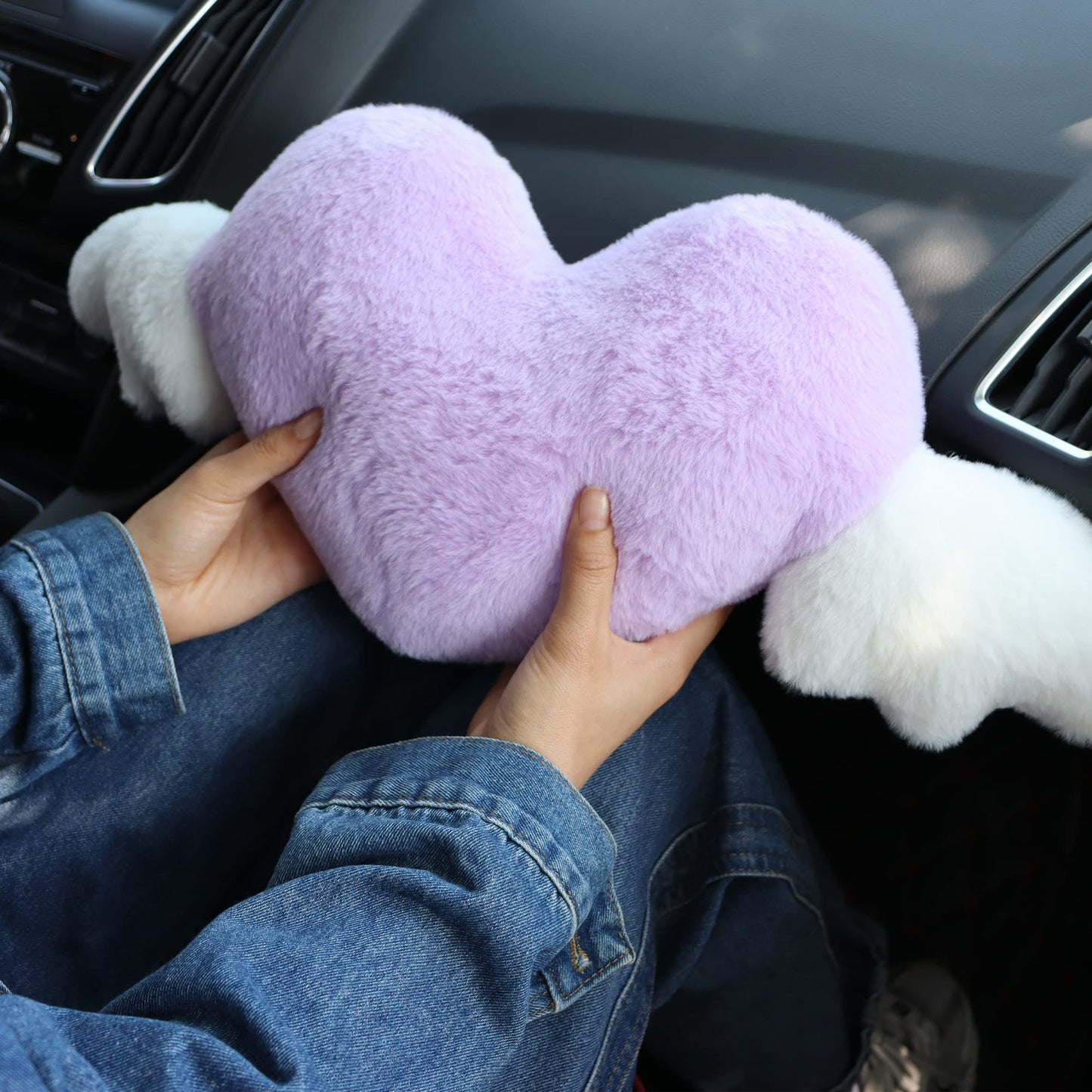 Heart Shaped Cute Car Headrest Pillow with Angel Wings - Comfortable Soft Head Rest Cushion Kawaii