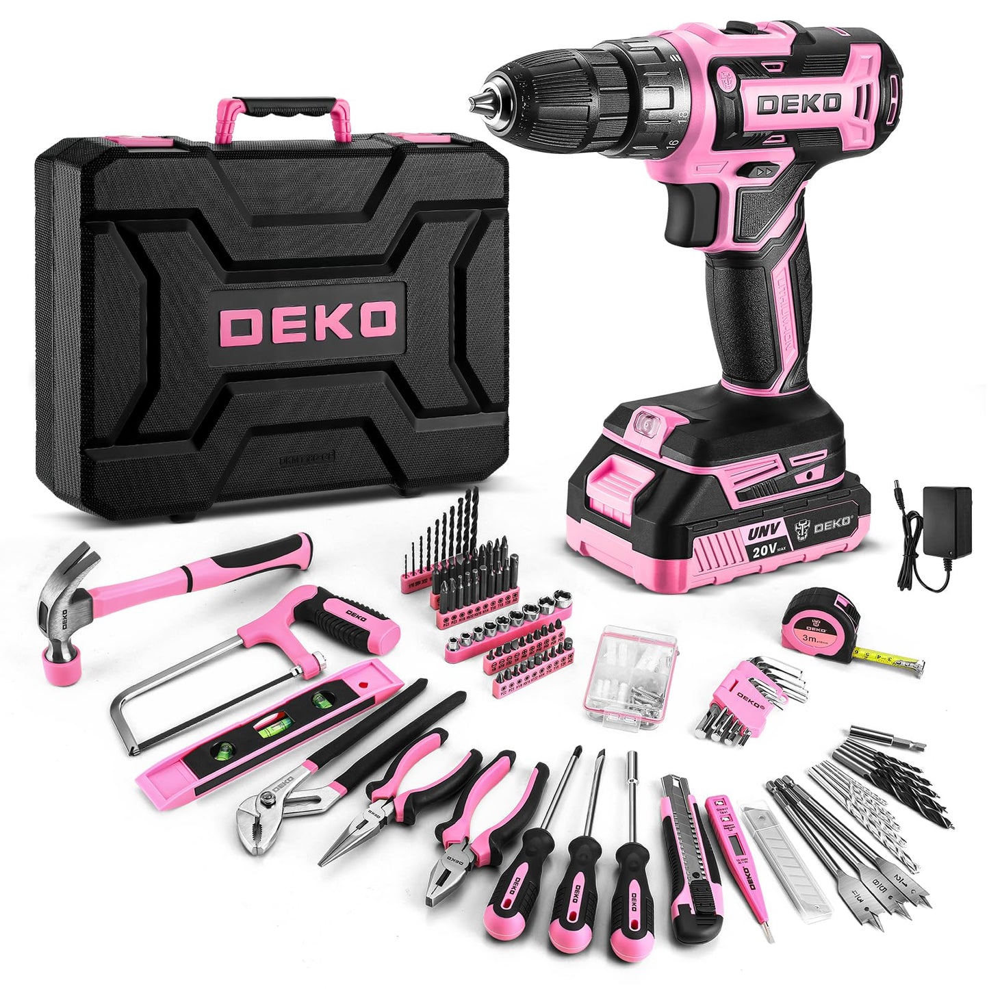 Cordless 20V Drill Tool Kit with Battery and Basic Hand Tools