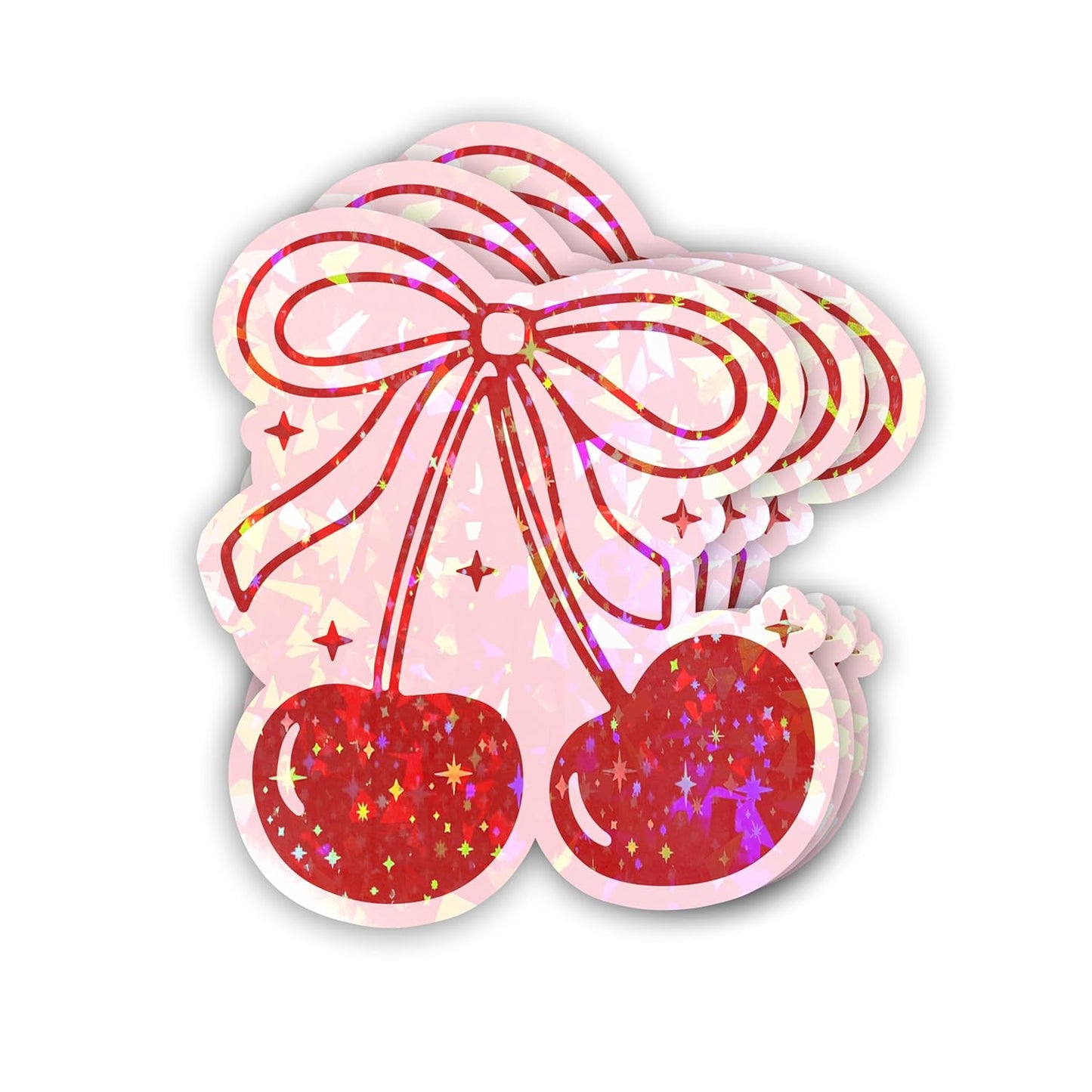 Pink Coquette Holographic Stickers – Set of 3 Girly Bow and Cherry Aesthetic, Waterproof Die-Cut Vinyl, 3 Inches