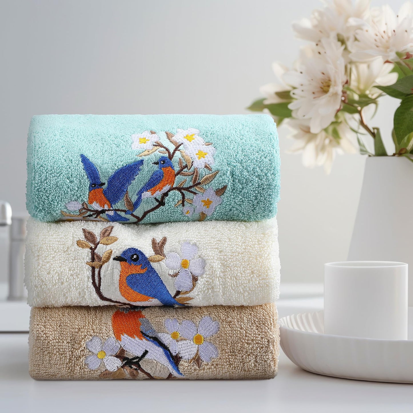 Embroidered Floral Hand Towels - Cute Summer Flowers Cotton Soft Absorbent Towels