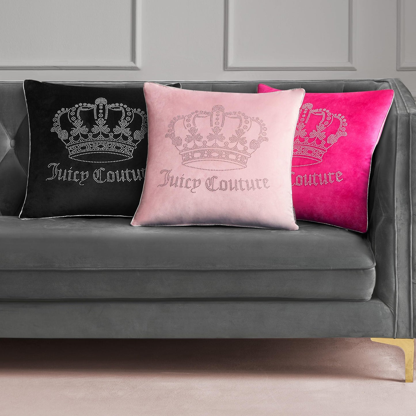 Juicy Couture - Decorative Accent Pillow, Velvet Rhinestone Crown, Premium Reversible Throw Pillow