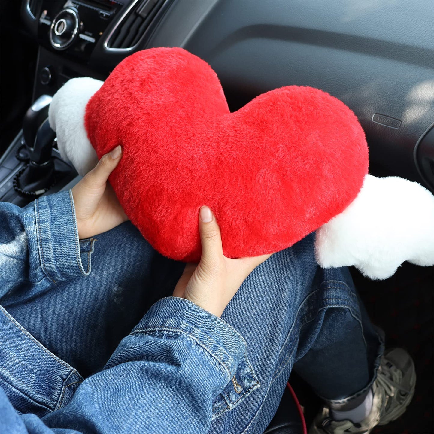 Heart Shaped Cute Car Headrest Pillow with Angel Wings - Comfortable Soft Head Rest Cushion Kawaii