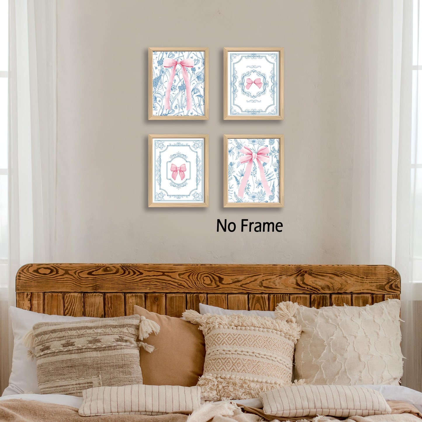 Coquette Preppy Wall Decor Art Set of 4 - Trendy Artwork Poster Prints Blue Flowers Pink Bows Wall Decor