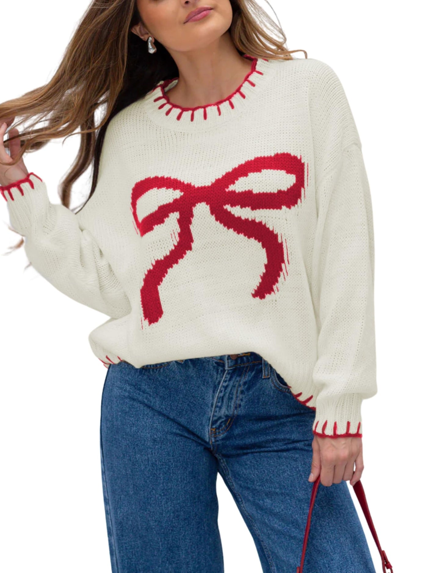 Women Y2K Bow Knit Sweater Crew Neck Long Sleeve Knitted Pullover Oversized Contrast Trim Knitwear