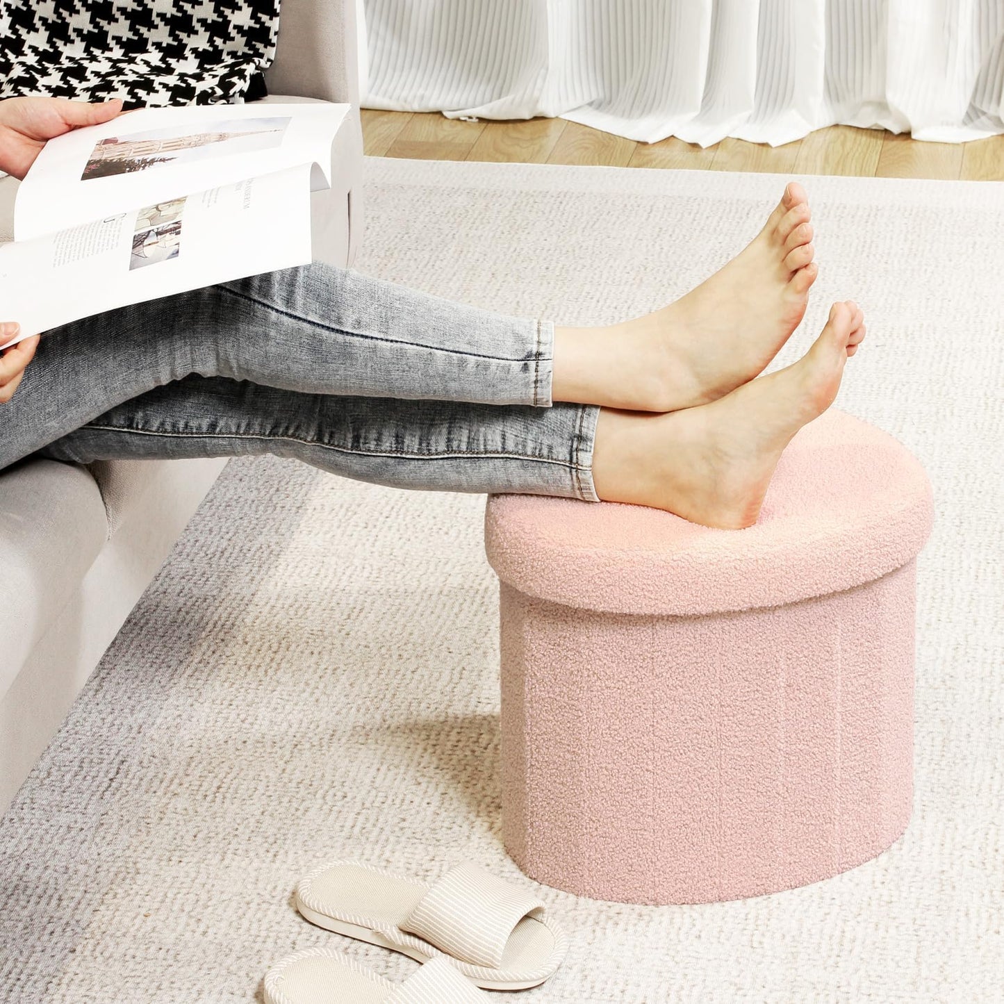 Flower-Shaped Storage Ottoman – Boucle Footstool & Seat for Living Room & Dorm